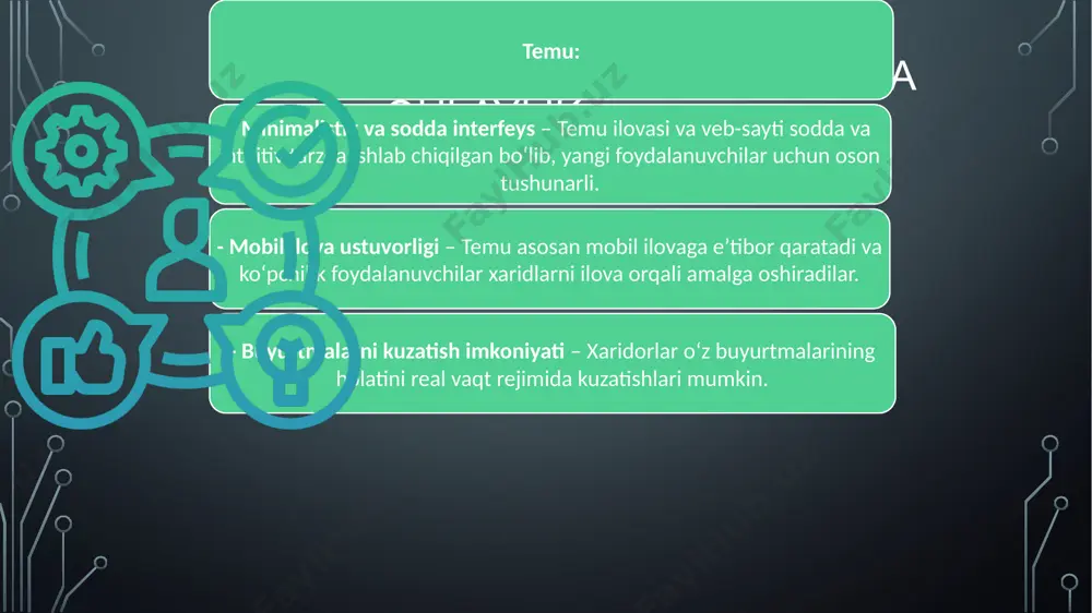 temu ijtimoiy tarmoqlarda agressiv reklama yuritadi va foydalanuvchilarni jalb qilish uchun chegirmalar taklif qiladi. - seo strategiyasi – temu google va boshqa qidiruv tizimlarida yuqori ko‘rinish olish uchun mahsulot sarlavhalari va tavsiflarini optimallashtiradi. - gamifikatsiya va mukofotlar – foydalanuvchilar ilova ichida turli o‘yinlarni o‘ynash orqali kupon va chegirmalar yutib olishlari mumkin. 6. integratsiyalar va qo‘shimchalar temu: ijtimoiy tarmoqlar bilan bog‘liqlik – temu mahsulotlarini facebook, instagram va tiktok orqali reklama qiladi. mobil ilovaga moslashtirilgan ux/ui – ilova doimiy yangilanishlar orqali foydalanuvchi tajribasini yaxshilashga qaratilgan. affiliate dasturi – blogerlar va kontent yaratuvchilar uchun sheriklik dasturlari mavjud bo‘lib, ular mahsulotlarni targ‘ib qilish orqali komissiya olishlari mumkin. amazon: amazon web services (aws) – dunyoning eng yirik bulutli xizmati bo‘lib, bizneslar uchun mustahkam texnologik asos yaratadi. amazon alexa bilan integratsiya – aqlli ovozli yordamchi orqali mahsulotlar haqida ma’lumot olish va xarid qilish mumkin. amazon logistics va fulfillment by amazon (fba) – sotuvchilarga mahsulotlarini amazon omborlarida …