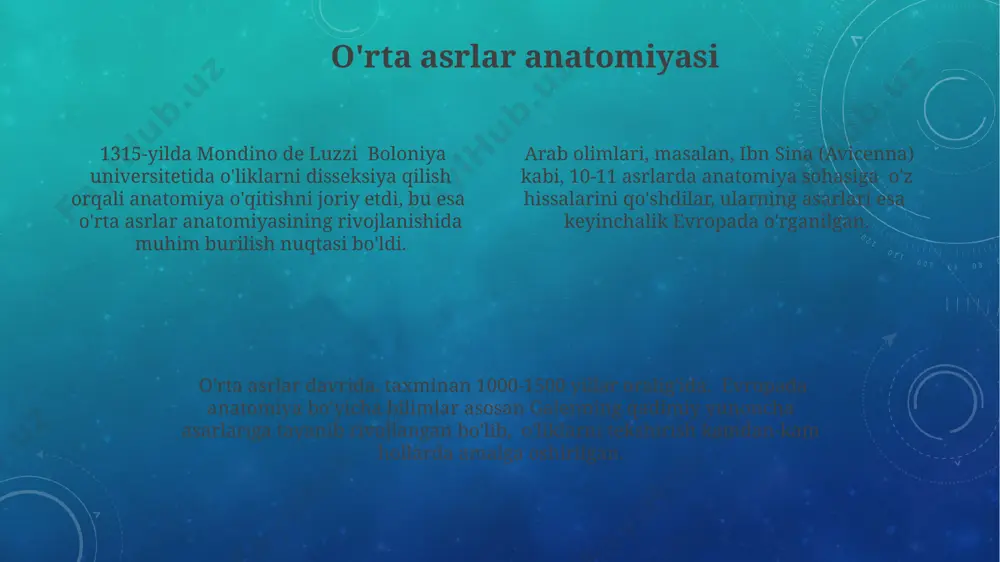 n, o'sha davr uchun ilg'or usullar berilgan. "klinik anatomiya va jarrohlik" darsligi 19-asr oxiri, 20-asr boshlarida samarqand va toshkentdagi tibbiyot maktablari talabalari uchun asosiy qo'llanma bo'lgan. "klinik anatomiya va jarrohlik"ning ba'zi boblari yevropa tibbiyotining ilg'or yutuqlarini, masalan, 1880-yillardagi antiseptika usullarini o'z ichiga olgan. qadimgi yunon anatomiyasi: gipokrat va galen galen (miloddan avvalgi 129-216 yillar), rimda faoliyat yuritgan, hayvonlarni disseksiya qilish orqali inson anatomiyasi bo'yicha 200 dan ortiq asar yozdi, bu keyingi 15 asr davomida standart bo'ldi. gipokrat (miloddan avvalgi 460-370 yillar), kos orolida tug'ilgan, inson tanasining to'g'ri tuzilishi haqidagi bilimlarni rivojlantirishga katta hissa qo'shdi va tibbiyotning "ota"si deb hisoblanadi. qadimgi yunoniston anatomiyasining rivojlanishiga qaramasdan, ularning bilimlari cheklangan edi, chunki insonlarni disseksiya qilish taqiqlangan edi, bu esa ularning kuzatishlarini to'liq emas qildi. taqqoslash anatomiyasi 10-asrda buxoro va samarqanddagi olimlar tomonidan inson tanasining tuzilishi bo‘yicha 20 dan ortiq qo‘lyozma asarlar yaratildi, ularda anatomik rasmlar va tafsilotlar mavjud edi. 15-asrda markaziy osiyoda anatomiya …
