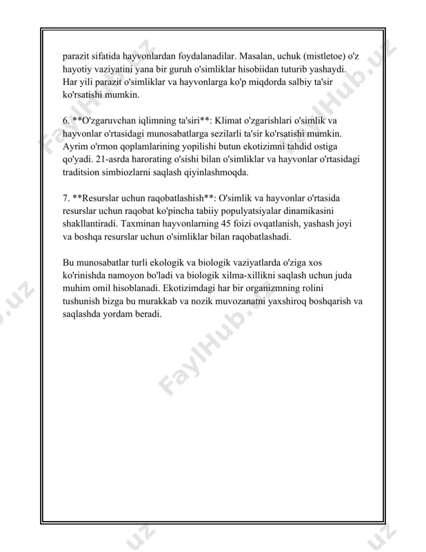 . quruqlikda o'simliklar birlamchi produsentlar hisoblanadi, ularni o'txo'r hayvonlar, keyin esa yirtqichlar iste'mol qiladi. 7. **numerik misollar**: bir kvadrat metr o'rmon ekotizimida taxminan 1000 gramm o'simlik biomassa (prodyuser) mavjud bo'lsa, bu taxminan 100 gramm o'txo'r hayvon biomassa (birlamchi konsumentlar) va bu navbatda taxminan 10 gramm ikkilamchi konsument (yirtqichlar) biomassa ni qo'llab-quvvatlaydi. 8. oziqlanish zanjirlari tarkibidagi turlar o'zaro bog'liq bo'lganligi sababli, bitta turning yo'qolishi yoki sonining o'zgarishi har bir bosqichga ta'sir qilishi mumkin, bu esa tarmoqning butun muvozanatini buzishi mumkin. oziqlanish zanjiri va tarmoqlari tabiiy ekotizimlarning murakkab strukturalarini tushunishning asosiy usullaridan biridir va uların ekologik monitoring uchun muhim rol o'ynaydi. bu zanjirlar va tarmoqlarning to'g'ri tushunilishi va saqlanishi, biosfera barqarorligiga ta'sir ko'rsatadi. 3. simbioz munosabatlar: mutualizm, kommensalizm, va parazitizm simbioz munosabatlar ekologiyada katta ahamiyatga ega bo‘lgan mavzudir. bu munosabatlar turli organizmlar o‘rtasida o‘zaro foydali yoki zararli ta’sirlardan tashkil topgan. ular uch asosiy turga bo‘linadi: mutualizm, kommensalizm va parazitizm. har bir tur …