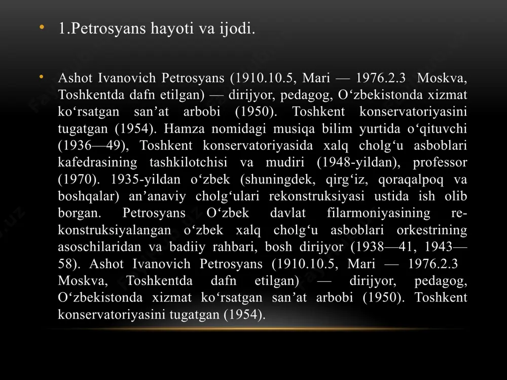 omatik chang ustida ilk tajribalar o‘tkazadilar. bularning hammasini a.petrosyans bir guruh milliy ustalarimiz bilan birgalikda o‘zbek xalq musiqa cholg‘ularida ijrochilik ta’lim ni umummaqbul nota sistemasiga muvofiq tarzda yo‘lga qo‘yish maqsadida amalga oshiradi. g‘ijjaklarni takomillashtirishda asosan ularning dastalariga e’tibor qaratilgan. an’anaviy g‘ijjaklarda dasta yumaloq shaklda bo‘lib, yuqori qismi qalin, pastki qismi ingichka qilib ishlangan. chunki ularda asosan o‘zbek xalq kuylari va maqomlardan parchalar ijro etilgan. xulosa mening xulosam shundan ibroratki, ushbu kurs ishini yoritish davomida mamlakatimiz tarixida yuksak o’rin tutgan buyuk va mashhur kompozitorlar hayoti hamda ularning ijodiy yo’llari haqida ko’plab ma’lumotlarga ega bo’ldim. mavzuyimga qisqacha ta’rif beradigan bo’lsam, o’tgan asr davomida milliy cholg’ularimizning modernizatsiya qilinishi biz uchun ko’plab qulayliklar keltirdi desam mubolag’a bo’lmaydi. cholg’ularning tarixiy ko’rinishlariga nazar tashlasak, ko’plab noqulayliklarni ko’rishimiz mumkin. cholg’ularimiz modernizatsiya qilingandan so’ng, ularning ovoz registrlarida, ijro uslublarida hamda ko’rinishlarida katta o’zgarishni sezishimiz mumkin. foydalanilgan adabiyotlar: 1. mirziyoyev sh.m. “yangi o’zbekiston strategiyasi” 2. mirziyoyev sh.m “milliy iqtisodiyotni …