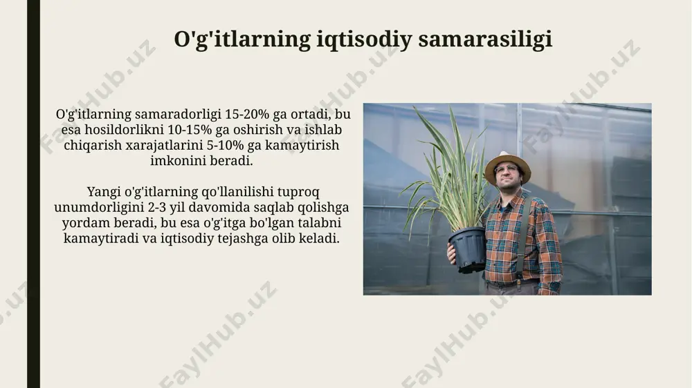 hitga salbiy ta'sirni minimallashtiradi. yangi o'g'it turlarini o'rganishning dolzarbligi yangi o'g'it turlarini o'rganish, oziq-ovqat xavfsizligini ta'minlashda muhim ahamiyatga ega, chunki global aholining 2050 yilga kelib 9 milliard kishiga yetishi prognoz qilinmoqda va bu oziq-ovqat talabini 70% ga oshiradi. iqlim o'zgarishi tufayli qishloq xo'jaligi ekinlarining hosildorligi pasaymoqda, shuning uchun suv va ozuqa moddalarini samarali ishlatadigan yangi o'g'it turlarini ishlab chiqarish va qo'llash 20-30% gacha hosildorlikni oshirishi mumkin. e'tiboringiz uchun rahmat @taqdimot_robot image1.jpg image2.jpg image3.jpg image4.jpg image5.jpg image6.jpg image7.jpg image8.jpg image9.jpg image10.jpg image11.jpg image12.jpg image13.jpg image14.jpg image15.jpg