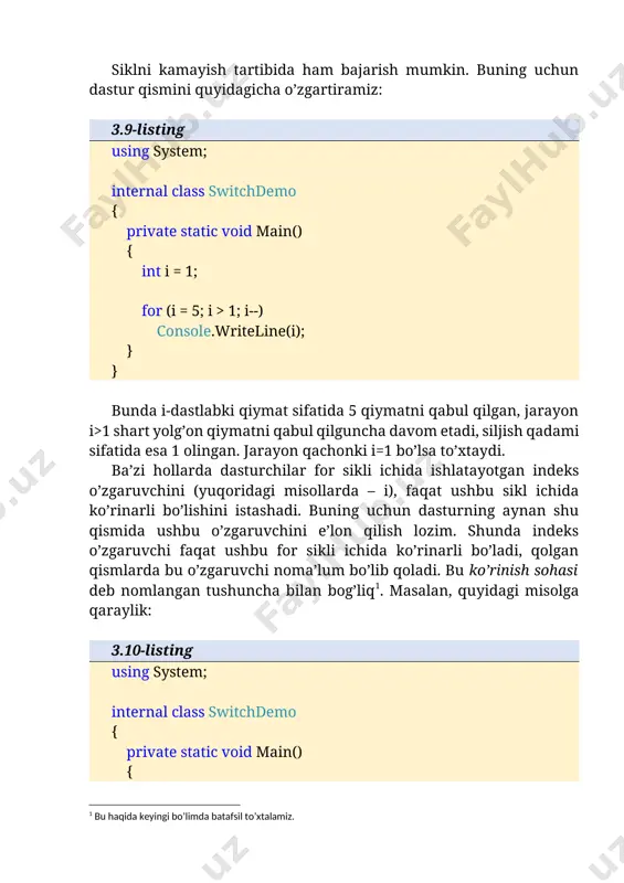 xil ko’rinishda bo’lgan takrorlash operatorlaridan yana biri bu do-while operatoridir. faqat bunda shart bir marta bajarilgandan so’ng tekshiriladi. uning umumiy ko’rinishi quyidagicha: do { } while( ); bu operatorning keng qo’llaniladigan holatlari – bu takrorlashni boshlamasdan turib, takrorlash shartini tekshirishning iloji bo’lmagan holatlari hisoblanadi. masalan, birorta jarayonni davom ettirish yoki to’xtatish haqidagi so’rovga javob olish va uni tekshirish zarur bo’lsin. ko’rinib turibdiki, jarayonni boshlamasdan turib, bu so’rovni berishning ma’nosi yo’q. hech bo’lmaganda takrorlash jarayonining bitta qadami amalga oshirilishi kerak: 3.17-listing using system; internal class whiledemo { private static void main() { string parol = "1234"; string parol1; do { console.writeline("parolni kiriting:"); parol1 = console.readline(); if (parol == parol1) console.writeline("parol to'g'ri!"); } while (parol != parol1); } } dastlab parol o’zgaruvchisiga qiymat berilgan. do-while tanasida esa foydalanuvchidan parol kiritish so’ralmoqda. agar parol to’g’ri kiritilsa “parol to’g’ri” yozuvi chiqadi va shart tekshiriladi. shart bajarilmaguncha sikl davom etadi. 3.2- rasm. do-while operatorining ishlashi …