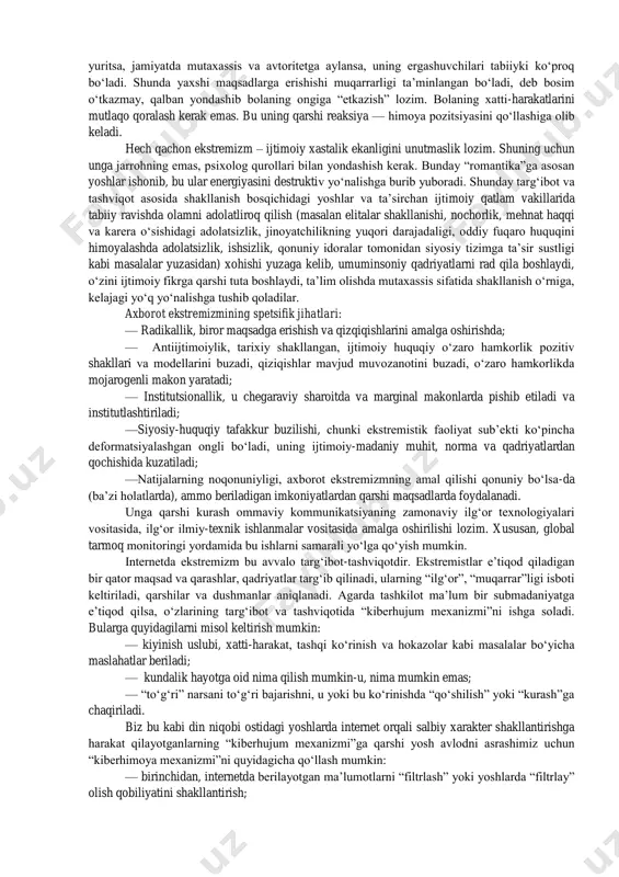 .wikipedia.org/wiki/kiberjinoyat https://uz.wikipedia.org/wiki/terrorizm https://uz.wikipedia.org/wiki/kaspersky_lab https://uz.wikipedia.org/wiki/yevgeniy_kasperskiy https://uz.wikipedia.org/wiki/yevgeniy_kasperskiy https://uz.wikipedia.org/wiki/terrorizm https://uz.wikipedia.org/wiki/internet maqsadlariga erishmoqda, buni stuxnet, 2018-yildagi saudiya neft-kimyosi sabotaj urinishi va boshqalar kabi eʼtiborga molik kiberhujumlar tasdiqlaydi. hozirgi davrda fan, texnika va asosan kompyuter taraqqiyoti mahsuli bo‘lgan kibermakon va uning boshqaruvchi qiyofasi “superkorporatsiya” texnologiyalarning insoniylikdan begonalashuvi natijasida din niqobidagi ijtimoiy va madaniy buzg‘unchilikni sodir etishga bo‘lgan urinishlar tobora kuchayib bormoqda. jumladan, bugungi kunda kiberterrorchilik tuzilmalari o‘z g‘arazli maqsadlari yo‘lida axborot-kommunikatsiya texnologiyalaridan keng foydalanishga urinmoqda. bu borada o‘zbekiston respublikasi birinchi prezidenti i.a.karimovning “yuksak ma’naviyat-engilmas kuch” asarida quyidagicha ta’kidlaangan: “taassufki, ba’zan islom dini va diniy aqidaparastlik tushunchalarini bir-biridan farqlay olmaslik yoki g‘arazli maqsadda ularni teng qo‘yish kabi holatlar ham ko‘zga tashlanmoqda. shu bilan birga, islom dinini niqob qilib, manfur ishlarni amalga oshirayotgan mutaassib kuchlar hali ongi shakllanib ulgurmagan, tajribasiz, g‘o‘r yoshlarni o‘z tuzog‘iga ilintirib, bosh-ko‘zini aylantirib, ulardan o‘zining nopok maqsadlari yo‘lida foydalanmoqda. bunday nojo‘ya harakatlar avvalo muqaddas dinimizning sha’niga dog‘ bo‘lishini, oxir-oqibatda esa ma’naviy hayotimizga salbiy …