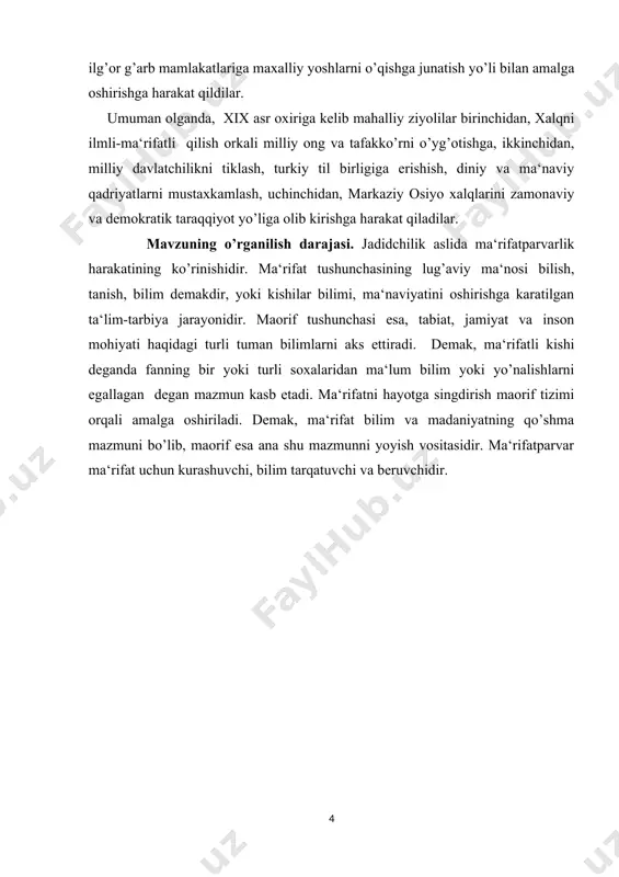 ilim va madaniyatning qo’shma mazmuni bo’lib, maorif esa ana shu mazmunni yoyish vositasidir. ma‘rifatparvar ma‘rifat uchun kurashuvchi, bilim tarqatuvchi va beruvchidir. i bob turkiston marifatchi jadidlarning axloqiy qarashlari 1.1.turkiston ma’rifatchiligining o’ziga xos xususiyatlari turkiston xix asrning ikkinchi yarmida rossiya tomonidan bosib olindi va mustamlakaga aylantirildi. bu mustamlakachilik mohiyatini turkiston oʼlkasi general-gubernatorlaridan biri а.n.kuropatkinning oʼz kundaliklaridagi qayd-lari, biz turkiston xalqlarini yarim asr mobaynida jahon madaniyati va sivilizatsiyasidan chetda tutib turdik, qabilidagi soʼzlari yaqqol anglatadi. lekin, ayni paytda, rus taraqqiyparvar ziyolilari orqali rus va jahon ilm-fani va madaniyati chor maʼmuriyati toʼsiqlari orasidan turkistonga sizib kirar edi. shu ijobiy taʼsir asta-sekinlik bilan mazlum turkistonda yangi uygʼonish davrini boshlab berdi. mahalliy ziyolilar orasida oʼz xalqini ozod koʼrishga va jahonning boshqa millatlari bilan tenglasha oladigan darajaga olib chiqishga intilish natijasida bu uygʼonish ovroʼpa maʼrifatchiligiga nisbatan juda shiddatkor hamda miq-yosli boʼldi. shuningdek, œrta asrlar oʼrtaga tashlagan maʼrifatparvarlik gʼoyalari uchun ham endilikda amaliy shakllarda yangicha - maʼrifatchilik …
