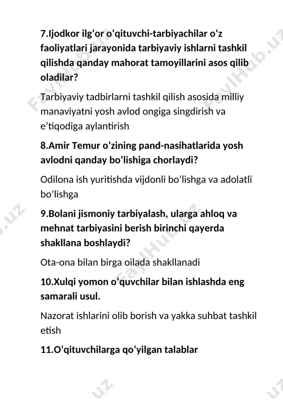 ologiya anatomiya 15.tarbiyaviy soat necha qismdan iborat va ular qaysilar? 3 qismdan manaviy-marifiy baholovchi yo’naltiruvchi 16.sinf rahbari ishining maqsad va vazifalari nimalardan iborat? o’quvchilarga ta’lim tarbiya berish va uni to’g’ri tashkil qilish 17.o‘quvchining har tomonlama o‘sishi va rivojlanishi nimaga bog‘liq? o’quvchi va o’qituvchi o’rtasidagi o’zaro muomala munosabatiga 18.tarbiyaviy ishlar metodikasiga xizmat qiluvchi so‘zlar qaysilar? tarbiya metodlari tarbiya maqsadi barkamol avlod tarbiya 19.sinf rahbar ota-onalar bilan hamkorligida qaysi ish shaklidan ko‘poq foydalanadi? jamoa bilan birgalikda ommaviy tarzda ish shakli 20.tarbiyaviy ishlar metodikasining asosiy manbalariga nimalar kiradi? o’zbekiston respublikasi konstitutsiyasi milliy bayramlar umuminsoniy qadriyatlar islom talimoti o’zbek milliy urf odatlari 21.tarbiyaviy ishlarni tashkil qilishda birinchi bo‘lib nimaga e’tibor berish kerak? sinf jamoasining ruhiy holati, ya’ni har bir o‘quvchining shaxsi, faoliyati, qiziqishi darajasiga 22.sinf rahbari ishlari kim tomonidan nazorat qilinadi? ma’naviy – ma’rifay ishlar bo‘yicha maktab rahbarining o‘rinbosari. 23.… - kishilarning turmushiga singib ketgan, ma’lum muddatda takrorlanib turuvchi alohida-harakat, ko‘pchilik tomonidan qabul qilingan …