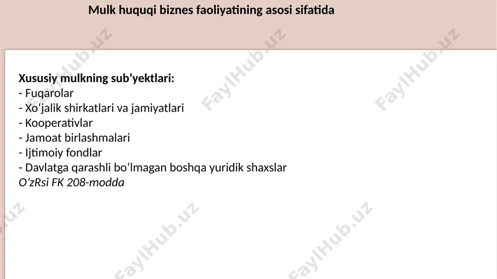 n mol-mulkni olib qo‘yish hamda uni o‘zi xohlagan tarzda tasarruf etishga haqli. biznes subyetklarining mol-mulki obyektlari mol mulk turlari fk 83-modda ko’chmas mulk ko’char mulk mol-mulk fuqarolik huquqlari obyekti sifatida ko‘chmas mulkka va ko‘char mulkka bo‘linadi. ko‘chmas mulk jumlasiga yer uchastkalari, yer osti boyliklari, binolar, inshootlar, ko‘p yillik dov-daraxtlar va yer bilan uzviy bog‘langan boshqa mol-mulk, ya’ni belgilangan maqsadiga nomutanosib zarar yetkazmagan holda joyini o‘zgartirish mumkin bo‘lmaydigan obyektlar kiradi. ko‘chmas mulk jumlasiga kirmaydigan mol-mulk ko‘char mulk hisoblanadi. ko‘char mulkka bo‘lgan huquqlarni ro‘yxatdan o‘tkazish talab etilmaydi, qonunda nazarda tutilgan hollar bundan mustasno. xo’jalik yuritish huquqi va operativ boshqarish huquqi asosida tadbirkorlik faoliyatini yuritishning xususiyatlari fk 85-modda. korxona butun korxona mulkiy kompleks sifatida ko‘chmas mulk hisoblanadi. butun korxona yoki uning qismi olish-sotish, garovga qo‘yish, ijara hamda ashyoviy huquqlarni belgilash, o‘zgartirish va bekor qilish bilan bog‘liq boshqa bitimlarning obyekti bo‘lishi mumkin. mulkiy kompleks bo‘lgan korxona tarkibiga uning faoliyati uchun mo‘ljallangan hamma mulk turlari, …