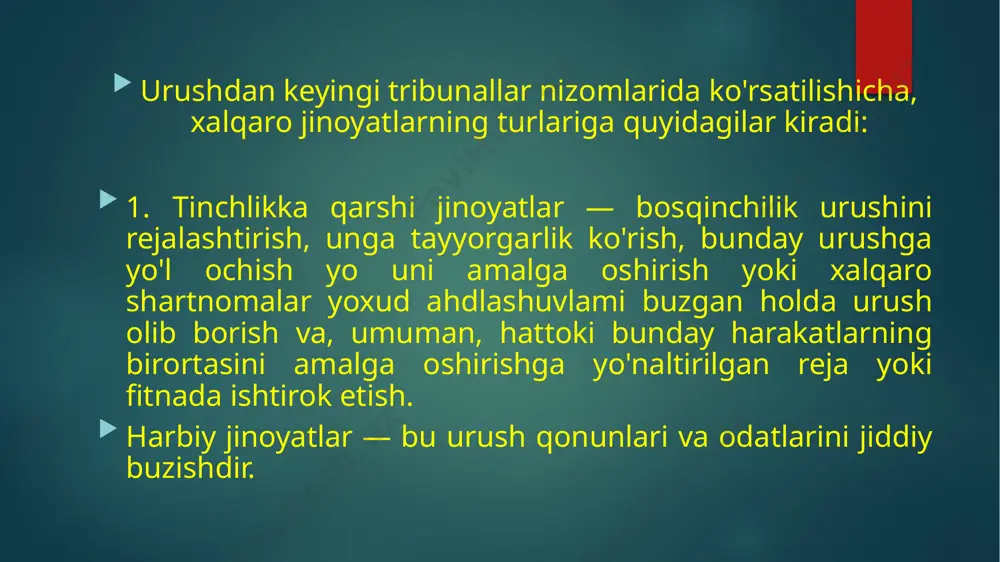 ratilgan boshqa tajovuzlar; 2) bunday shaxslarga mansub bo'lgan rasmiy ish joyi, turaijoy yoki transport vositasiga qarshi qaratilgan tajovuzlar. narkotik moddalar bilan noqonuniy muomala qilish. bu sohadagi ilk hujjat — opium bo’yicha konvensiya 1912-yildayoq qabul qilingan. ikkinchi jahon urushidan keyin narkotik moddalaiga qarshi kurash bmt doirasida amalga oshirilmoqda. 1946-yili ekosos shafe’ligida narkotik vositalar bo’yicha komissiya tuzildi. keyinchalik yana qator hujjatlar qabul qilindi. 1988-yilda narkotik vositalar va psixotrop moddalar bilan noqonuniy muomala qilishga qarshi kurash to’g’risidagi bmt konvensiyasi kuchga kirdi. jinoiy faoliyatdan olingan daromadlami «yuvish» («otmuvanie»)ga qarshi kurash mintaqaviy doirada olib borilmoqda. 1990-yilda yevropa kengashining jinoiy faoliyatdan olingan daromadlami aniqlash, olib qo’yish va konfiskatsiya qilish to’g’risidagi konvensiyasi qabul qilingan. «daromad» deganda, jinoyat sodir etish evaziga olingan har qanday iqtisodiy foyda tushuniladi. konvensiyada daromadlami noqonuniy «yuvish» bilan bog’liq, ya’ni daromadlaming kelib chiqishini yashirish yoki buzib ko’rsatish jinoyatlari belgilangan. ishtirokchi davlatlar bir-biridan (tegishli sudlov qarori mavjud bo’lishi sharti bilan) muayyan shaxs daromadlarining kelib chiqishi …