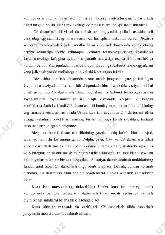 , shuningdek java tili bilan uzviy bogʻliqdir. c# tili 1972 yilda nyu-djersi shtatining myurrey-xill shahrida bell laboratories kompaniyasining tizimli dastur tuzuvchisi dennis richie tomonidan yaratilgan. bu til oʻzini shunchalik yaxshi koʻrsatdiki, oxir oqibatda unda unix operatsion tizimlarining 90 % yadro kodlari yozildi (oldin quyi darajadagi til assemblerda yozilgan). c# ning vujudga kelishidan oldinroq yaratilgan tillardan, (pascal ulardan eng mashhuri hisoblanadi), yetarli darajada muvaffaqiyatli foydalanilgan, lekin aynan c# tili dasturlashning zamonaviy davri boshlanishini belgilab berdi. 1960-yillarda dasturlash texnologiyalaridagi strukturaviy dasturlashlarning paydo boʻlishiga olib kelgan inqilobiy oʻzgarishlar c# tilini yaratish uchun asosiy imkoniyatlarni belgilab berdi. strukturaviy dasturlashlarning paydo boʻlishiga qadar katta dasturlarni yozish qiyin boʻlgan, satr kodlari miqdorining oshishi sababli dasturlarning oʻtish joylari chalkash massalariga aylanib ketishiga olib keladi. strukturaviy tillar dastur tuzuvchi instrumentariysiga shartli operatorlarni, lokal oʻzgaradigan tartiblarni va boshqa mukammallashtirishlarni qoʻshib bu muammoni hal qildi. shunday tarzda nisbatan katta dasturlarni yozish imkoniyati vujudga keldi. aynan c# tili kuch, elegantlik va …