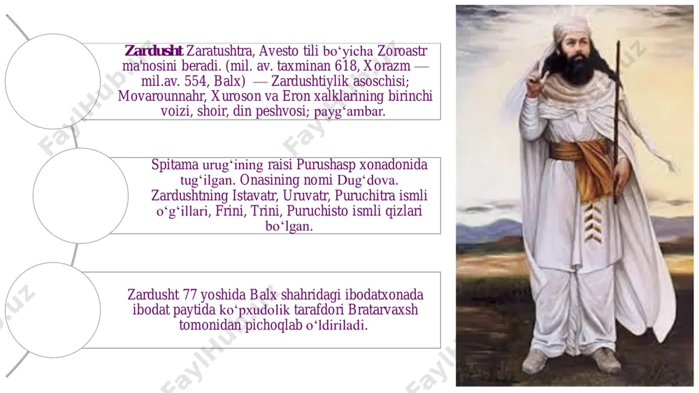 on etilgan. avestoning qismlari zardusht taʼlimoti ezgulik va yovuzlik o‘rtasidagi kurashning azaliy ekaniga asoslangan axloqiy xarakterdagi din bo‘lib, unda adolatli bo‘lish, oqillik, yaratuvchanlik va mehnatsevarlik bilan yagona xudoga sig‘inish targ‘ib qilingan. bu kurashda ezgulik tarafdori axura–mazda oxir–oqibat yovuzlik tarafdori bo‘lmish anxra– maynyu (yunoncha, axriman – yomonlik, buzg‘unchilik ibtidosi) ustidan g‘alaba qozonadi. birinchi inson govmard (forscha – ho‘kiz–odam) bo‘lgan. birinchi shoh yima (jamshid) hukmronligi oltin davr hisoblangan. uning davrida kishilar bekamu–ko‘st, baxtiyor yashaganlar. 900 yil o‘tgach, shoh yima g‘ururga berilib, man etilgan sigir go‘shtini yeydi va yovuzlik ramzi axriman hukmidagi kuchlar bosh ko‘taradi. oqibatda olamni muzlik qoplaydi. yima axura– mazda amri bilan odamlar va hayvonlarni sovuqdan saqlab qolish uchun qo‘rg‘on qurib, unga har bir jonzotdan bir juftini joylashtiradi. insoniyat tarixining ilk oltin davri tugagach, yaxshilik va yomonlik o‘rtasidagi kurash davri bo‘lgan ikkinchi davr boshlangan. uchinchi davrda axura–mazda g‘alaba qilib, ezgulik saltanati qaror topadi, o‘lganlar qayta tiriladi. ezgu amal – xvartsha ezgu …
