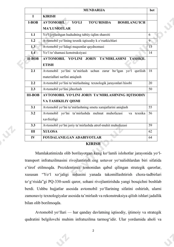 “madaniyat, qorliq, xo‘jaypok” qishloqlarini bog‘lovchi avtomobil yo‘lining 23–28 km oralig‘ini joriy ta’mirlash texnologik jarayonlarini ishlab chiqishga bag‘ishlangan. ushbu avtomobil yo‘li tuman aholisining asosiy harakat yo‘nalishlaridan biri bo‘lib, uning texnik holati so‘nggi yillarda keskin yomonlashgan. bu esa aholi harakati, yuk tashish, transport qatnovi xavfsizligiga salbiy ta’sir ko‘rsatmoqda. ta’mirlashga mo‘ljallangan ushbu yo‘l qismi iv toifali avtomobil yo‘li bo‘lib, ikki polosali, harakat zichligi o‘rtacha bo‘lgan yo‘llar sirasiga kiradi. yo‘lning fizik-geografik joylashuvi, relyefi, iqlim sharoitlari, yo‘l materiallarining mavjudligi, ishlatiladigan mashina-mexanizmlar va uskunalar loyihaning texnologik jihatdan asoslangan bo‘lishini taqozo etadi. bitiruv malakaviy ishida quyidagi masalalar yoritib beriladi: 1-rasm. surxondaryo viloyati geografik xaritasi. -yo‘l joylashgan hududning tabiiy-iqlim sharoitlari, tuproq-iqlim tahlillari; -avtomobil yo‘lining texnik-iqtisodiy ko‘rsatkichlari; -mavjud qoplamaning holatini baholash va nuqsonlar qaydnomasini tuzish; -zamonaviy mashina va mexanizmlar ishtirokida amalga oshiriladigan texnologik jarayonlar ketma-ketligi; -texnologik harita va chiziqli-kalendar grafik tuzish; -qurilishda mehnat muhofazasi, texnika xavfsizligi va ekologik talablar; -ishlar sifatini nazorat qilish mezonlari va metodlari. 2-rasm. 75v034 madaniyat.q-qorliq.q-xojaypok.q …
