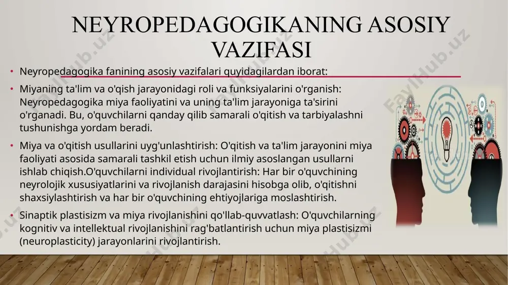 chi mashqlar va o'yinlar yordamida o'quvchilarning ijodiy fikrlash, muammolarni hal qilish va mantiqiy tafakkurini rivojlantirishga qaratilgan yondashuvlarni taklif qiladi. bu orqali o'quvchilarning intellektual salohiyatini maksimal darajada oshirish mumkin. 7. o'qituvchilarni tayyorlashneyropedagogika o'qituvchilarga miya faoliyati va psixologik xususiyatlarni hisobga olib, ta'lim jarayonini qanday tashkil etish haqida bilimlar beradi. bu esa o'qituvchilarning pedagogik malakasini oshiradi va ular o'quvchilarning individual xususiyatlariga mos ta'lim usullarini tanlashda yaxshiroq yordam beradi. neyropedagogikaning o'quvchilar ta'limidagi o'rni shundaki, u o'qitishning ilmiy asoslarini ta'minlab, o'quvchilarning miya faoliyatini, individual xususiyatlarini va psixologik holatini inobatga olgan holda ta'lim jarayonini samarali tashkil etish imkonini beradi. bu esa o'quvchilarning bilim olishda yuqori samaradorlikka erishishlariga, shaxsiy va intellektual salohiyatlarini rivojlantirishlariga yordam beradi. ta’lim- tarbiya jarayonida neyropedagogikaning ahamiyati ta'lim jarayonida neyropedagogikaning ahamiyati juda katta, chunki bu fan o'quvchilarning miya faoliyatini, psixologik va kognitiv xususiyatlarini inobatga olib, ta'limni samarali tashkil etishga yordam beradi. neyropedagogika, miya va ta'lim jarayoni o'rtasidagi bog'liqlikni o'rganib, o'quvchilarning o'qish va rivojlanish jarayonlarini …