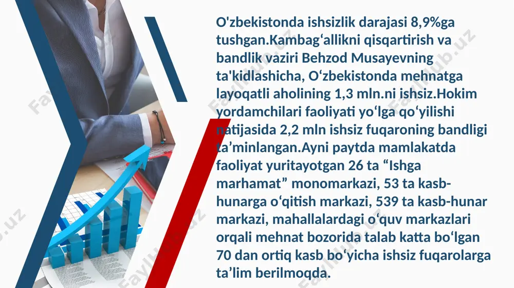 amalga oshirilayotgan ishlar samaradorligini oshirishga doir “yo‘l xaritasi” ham tasdiqlandi bandlikka ko‘maklashish davlat jamg‘armasi mablag‘lari ham oshirilmoqda. jamg‘armaga shu yilning o‘zida respublika byudjetidan qo‘shimcha 150 milliard so‘m, 2019 yildan boshlab esa 300 milliard so‘m miqdorida mablag‘ ajratib boriladi. hujjatga ko‘ra, kichik tadbirkorlik subyektlariga, fermer va dehqon xo‘jaliklariga, oilaviy tadbirkorlik subyektlariga eng kam ish haqining 500 baravarigacha bo‘lgan miqdorda uch yilga olti oylik imtiyozli davr bilan mikrokreditlar beriladigan bo‘ldi. xulosa ishsizlik darajasi mamlakat iqtisodiyotining qay darajada taraqqiy etganligining hamda iqtisodiyotda sodir bolayotgan ozgarishlarning muhim korsatkichlaridan biri hisoblanadi. ishsizlik darajasi deganda ishsizlar sonining iqtisodiy faol aholi tarkibidagi salmogi tushuniladi. respublikada ishsizlik darajasini bandlik xizmatlarida royxatdan otgan ishsizlar sonining iqtisodiy faol aholi umumiy soniga nisbatan olib hisoblash mumkin. ishsizlik darajasiga bir qancha omillar tasir korsatadi: mehnat haqining pastligi, mehnat sharoitlari yaxshi emasligi, ish haqining vaqtida berilmasligi, ish joylarini qisqartirishlar va boshqalar. bozor iqtisodiyoti munosabatlari barqarorlashayotgan davrda ishsizlikning bolishi tabiiy holatdir. chunki ishchi kuchiga …