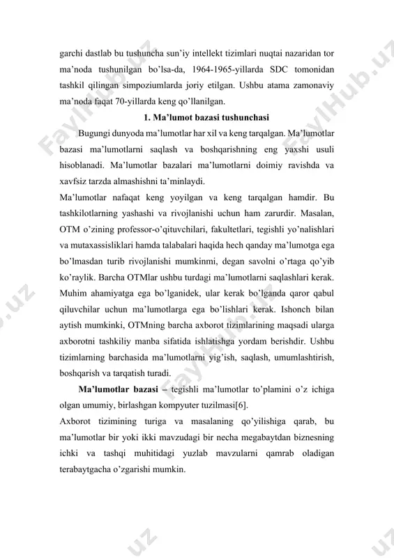 lovchi ko’plab nusxalari (occurrence yoki instance) mavjud. masalan, otmlar haqida ma’lumot mavjud bo’lgan ma’lumotlar bazasida "otm raqami" nomi bilan saqlanadigan maydon turini o’z ichiga olishi mumkin va ma’lumotlar bazasida tavsiflangan otmlarning har bir turi uchun (fakultetlar, yo’nalishlar, guruhlar, talabalar va boshqalar) ushbu saqlanadigan maydonning alohida nusxasi mavjud bo’ladi. yozuv – bu tegishli saqlanadigan maydonlar to’plamidir. bunday holda, saqlangan yozuvning nusxasi saqlanadigan maydonlarning tegishli nusxalari guruhidan iborat. fayl - bu bir xil turdagi saqlangan yozuvlarning barcha mavjud nusxalari to’plami. oddiylik uchun har qanday berilgan fayl faqat bitta turdagi saqlanadigan yozuvlarni o’z ichiga olishi mumkin deb qabul qilinadi. ushbu soddalashtirish keyingi mulohazalarga jiddiy ta’sir ko’rsatmaydi. ma’lumotlar bazasini loyihalash uchun axborot va ma’lumotlar o’rtasidagi farqni tushunib olish kerak. axborot - bu ma’lumotlarning ma’nosini ochib berish uchun qayta ishlash natijasidir. axborotdan qaror qabul qilish uchun asos sifatida foydalanish mumkin. masalan, otm professor-o’qituvchilari haqidagi ma’lumotlarning qisqacha tavsifi attestatsiya organlariga otm uchun attestatsiyani o’tkazish yoki o’tkazmaslikni …