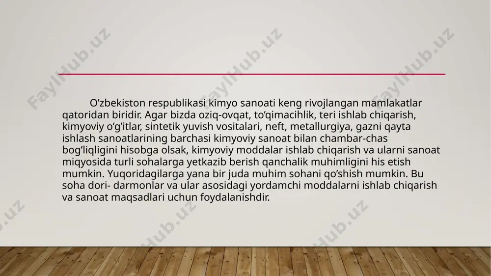 alliy xom ashyo zahiralariga almashtirish. dori-darmonlar olishda keng ko’lamda kimyoviy moddalar ishlatiladi. bu kimyoviy moddalarning ichidan bezararlarini, yuqori samaradorligini va mahalliy xom ashyo zahiralari borlarini izlab topish amaliy jihatdan juda dolzarb. bu sohada respublikamizning boy tabbiiy va mineral manbalari e’tiborga olinsa ishlar ko’lami kengligi va zarurligi ko’rinadi. -yangi dorivor moddalar olishning tabiiy manbalaridan keng foydalanish. o’zbekistonning juda katta hayvonot va o’simliklar tabiiy zahirasiga ega ekanligi bu sohada dorishunoslar va kimyogarlar hali juda katta ishlarni amalga oshirishi kerakligini ko’rsatadi. o’simlik va hayvonot dunyosidan biofaol moddalar ajratib olish, ulardan yangi sintezlarni amalga oshirish, turli tarkibiy qismlarga ajratish, ularning ichidan samaradorlarini izlab topish va faolligini baholash katta ahamiyatga ega. dori-darmonlar ishlab chiqarish va mahalliy kimyo sanoatining jadal rivojlanishi toza suv ishlab chiqarish, yer osti boyliklaridan to’g’ri foydalanish va eng muhimi ishlatilgan suvning tozalash muammolarini yuzaga keltiradi. kimyo va farmatsevtika sanoatining kengayishi bilan mahalliy kichik korxonalarning soni borgan sari ortib bormoqda. bu korxonalarning har …