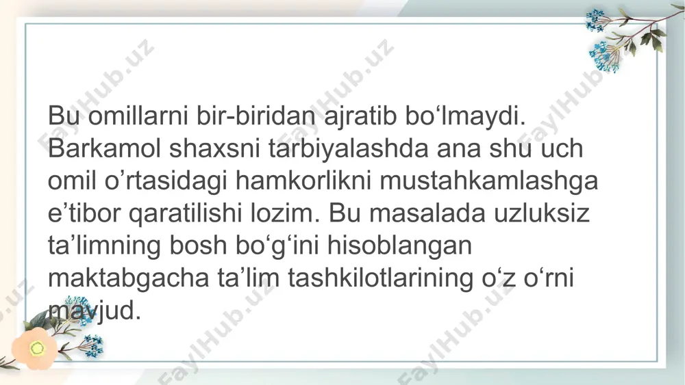 edagogika toshkent 2019 f.qodirova 112-116 bet 3. o’zbekiston respublikasi “maktabgacha ta‟lim va tarbiya to„g„risida qonun”t.:2019. 18-22 bet 4. o' respublikasi “maktabgacha ta‟lim va tarbiyaning davlat standarti” t.:2020 8-12 bet etiboringiz uchun raxmat image1.jpeg image2.jpeg image3.jpeg image4.jpeg image5.jpeg image6.jpeg image7.jpeg image8.jpeg image9.jpeg image10.jpeg image11.jpeg image12.jpeg