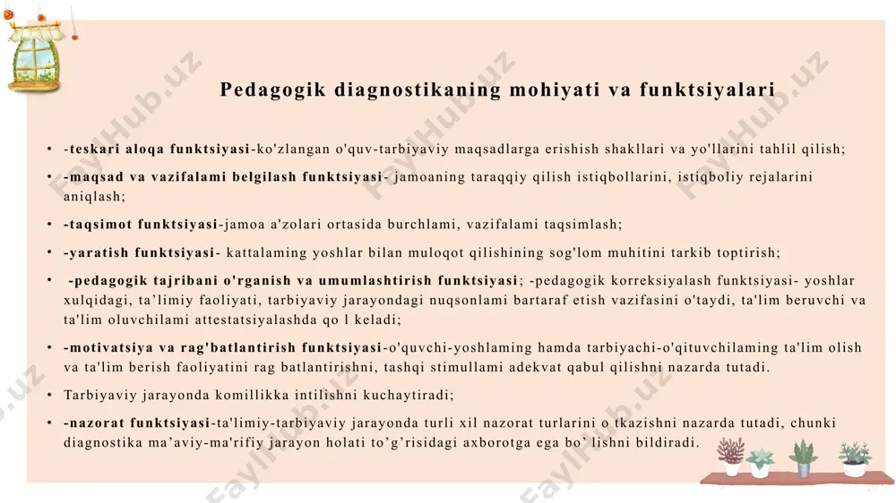 i o’stirish funksiyasi. nazorat natijasida talabalarda o’z bilim, iqtidor va ko’nikmalarini yanada takomillashtirish ishtiyoqi uyg’onadi. nazorat jarayonida talabalarning shaxsiy xislatlari shakllantiriladi va eng asosiysi rivojlantiriladi. rivojlanish faol o’quv orqali, shu jumladan nutq faoliyati orqali amalga oshiriladi. тahsil funksiyasi. nazorat jarayonida talabalar o’z bilimlarini mustahkamlaydilar. o’quv materiali yanada chuqur o’zlashtiriladi. nazoratning tarbiyaviy funksiyasi. nazorat jarayonida talabalarning psixologik ijobiy xislatlari shakllanib boradi. 6. nazoratni xususan baholash funksiyasi. nazorat natijasida sifat o’zgarishlarining me’yori aniqlanadi. thank you 11 image1.png image2.png image3.png image4.png image5.png image6.png image7.png image8.png image13.png image18.png image9.png image10.png