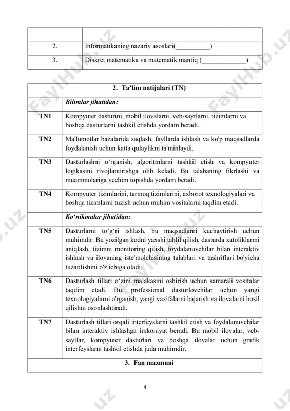 i: 30 mashgʼulotlar shakli: laboratoriya mashgʼulot (l) l1 chiziqli algoritmlar va ularni tasvirlash usullari 2 l2 tarmoqlanuvchi algoritmlar va ularni tasvirlash usullari 2 l2 takrorlanuvchi algoritmlar va ularni tasvirlash usullari 2 l4 aralash (kombinatsiyalashgan) algoritmlar 2 l5 chiziqli dasturlar tuzish 2 l6 if/else, switch strukturasi bilan ishlash 2 l7 while, do_while, for siklik operatoridan foydalanish 2 l8 funktsiyalar tashkil etish va ulardan foydalanish 2 l9 bir o’lchovli massivlar bilan ishlash 2 l10 ikki o’lchovli massivlar bilan ishlash 2 l11 massivlar bilan ishlovchi funksiyalar 2 l12 ko’rsatkichlar va satriy kattaliklar bilan ishlash 2 l13 strukturalar bilan ishlash 2 l14 fayllar bilan ishlash 2 l15 matnli fayllar bilan ishlash 2 jami: 30 mustaqil ta’lim (mt) № topshiriqlar va bajaralish tartibi muddati/soat ball/o‘tish balli jn uchun. i-topshiriq. amaliy mashg‘ulotlarga tayyorgarlik ko‘rish mt 1 fan yuzasidan berilgan amaliy mashg‘ulotlarga tayyorgarlik ko‘rish va laboratoriya mashg‘ulotlari topshiriqlarini bajarish semestr davomida 15 soat 5/3 mt 2 algoritmlash …
