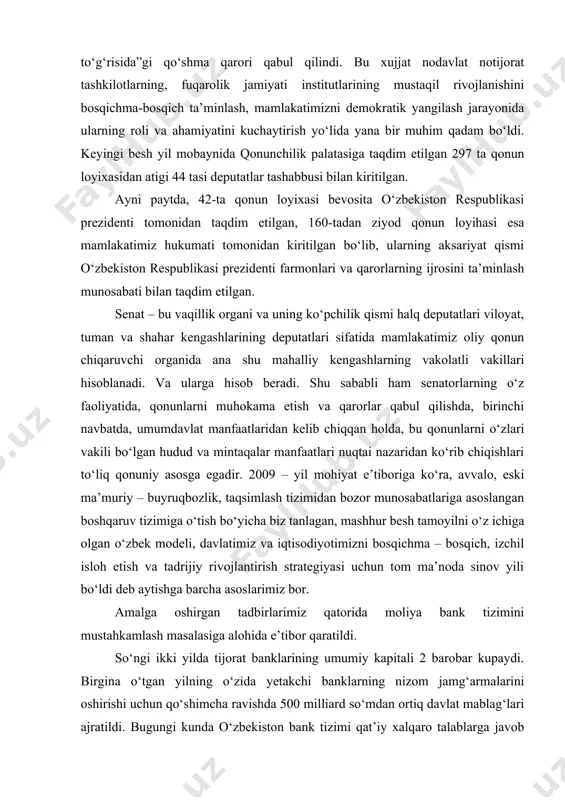 riy – buyruqbozlik, taqsimlash tizimidan bozor munosabatlariga asoslangan boshqaruv tizimiga o‘tish bo‘yicha biz tanlagan, mashhur besh tamoyilni o‘z ichiga olgan o‘zbek modeli, davlatimiz va iqtisodiyotimizni bosqichma – bosqich, izchil isloh etish va tadrijiy rivojlantirish strategiyasi uchun tom ma’noda sinov yili bo‘ldi deb aytishga barcha asoslarimiz bor. amalga oshirgan tadbirlarimiz qatorida moliya bank tizimini mustahkamlash masalasiga alohida e’tibor qaratildi. so‘ngi ikki yilda tijorat banklarining umumiy kapitali 2 barobar kupaydi. birgina o‘tgan yilning o‘zida yetakchi banklarning nizom jamg‘armalarini oshirishi uchun qo‘shimcha ravishda 500 milliard so‘mdan ortiq davlat mablag‘lari ajratildi. bugungi kunda o‘zbekiston bank tizimi qat’iy xalqaro talablarga javob beradigan eng barqaror tizimlardan biri bo‘lib, ayni paytda u belgilangan qator normativlar bo‘yicha mustahkam pozitsiyalarga ega. banklarimiz kapitalining yetarlilik darajsi 23 foizdan oshadi. 29-yanvarь kuni o‘zbekiston respublikasi vazirlar mahkamasining 2009 yilning asosiy yakunlari va 2010 yilda o‘zbekistonni ijtimoiy – iqtisodiy rivojlantirishning eng muhim ustivor yo‘nalishlariga bag‘ishlangan majlisi bo‘lib o‘tdi. majlisda o‘zbekiston respublikasi prezidenti islom …