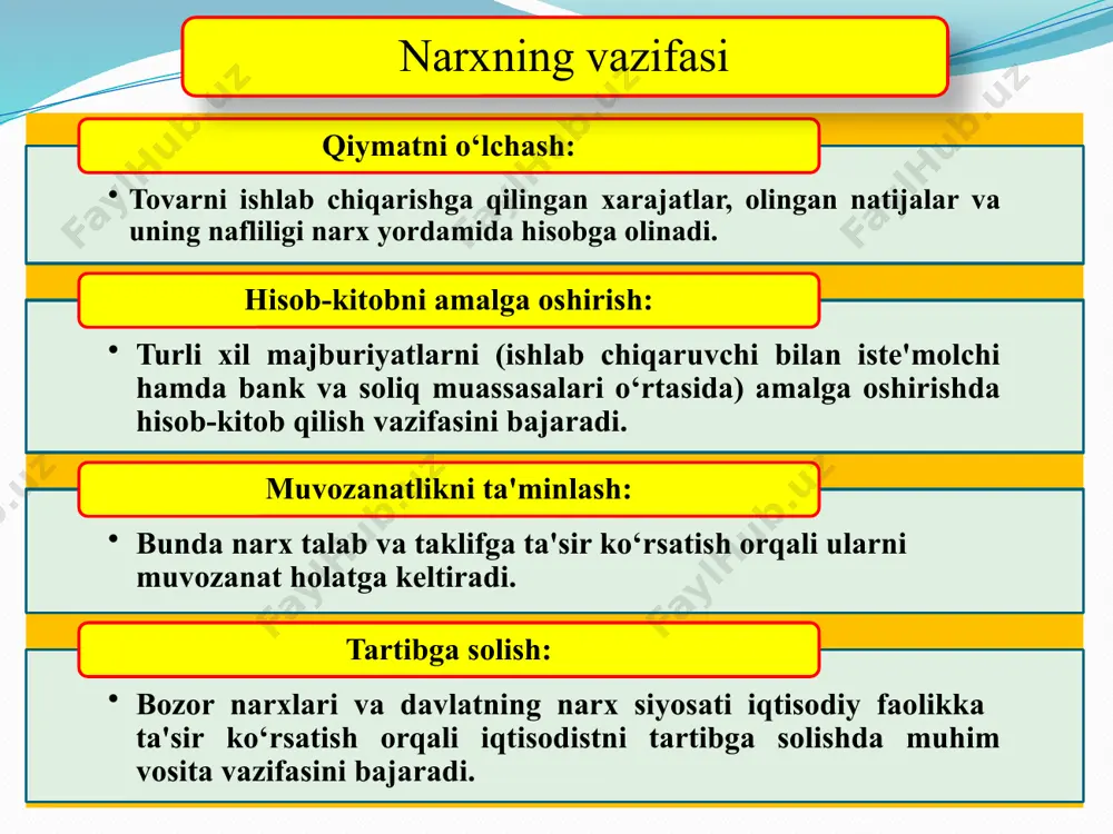 - narx diskriminasiyasi turli narxlar oralig‘ining puldagi ifodasi narx nisbati ham deb atalib, u o‘zaro bog’liq bo‘lgan va bir-birini yuzaga chiqaradigan narxlarni bildiradi. narxni kamayishi deb ham atalib, u narxlardagi farq ishlab chiqarish xarajatlaridagi farqlardan kelib chiqmaganda ro‘y beradi. yuqoridagilardan tashqari iqtisodiy hayotda quyidagi narxlardan ham foydalaniladi. 3. raqobatning turli shakllari sharoitida narxning shakllanish xususiyatlari erkin yoki sof raqobat sharoitida narxning shakllanishi. monopoliya sharoitida narxning shakllanishi. oligopoliya sharoitida narxning shakllanishi. monopsoniya sharoitida narxning shakllanishi. 14 narxlarni erkinlashtirishdan ko‘zlangan maqsad: xom ashyo bilan mahsulot narxlari o‘rtasidagi nomutanosiblikni yumshatish; narx bilan axoli daromadlari o‘rtasidagi mutanosiblikka erishish; investision tovarlar, ists'mol tovarlari va xizmatlar narxlarining oqilona nisbatini ta'minlash; tovarlar va xizmatlarning erkin narxlari hamda ta'riflariga o‘tish; davlatning narx siyosati - bozor iqtisodiyotiga o‘tish sharoitida narxlarni erkinlashtirish va milliy bozor narxlarini jahon bozori narxlariga yaqinlashtirishga qaratiladi. 15 ўзбекистонда иқтисодиётни ислоҳ қилишнинг ўзига хос тамойиллари, мамлактдаги иқтисодий вазият ва аҳолининг турмуш даражаси ҳисобга олиниб, нархларни босқичма-босқич …