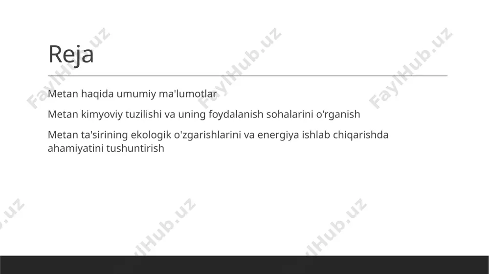 lan ham ta'sir ko'rsatadi. 2 ekologik bosim o'zgarishlari metanning yuqori bosimga o'zgarishi atmosferaning quruqligi va o'zgarishlarga olib keladi, bu esa ekologik bosim tizimini o'zgarmasdan qo'llab-quvvatlaydi. 3 tabiiy ekosistemalarga tasiri metan ta'siri tabiiy ekosistemalarga o'zgarishlarni olib keladi, biologik jarayonlarni va hayvonot dunyosini tashkil etadi, bu esa ekologik tasirni ko'rsatadi. metan uzbekistonda energiya ishlab chiqarishda qanday ishlatiladi? 01 metan yuqori energiya darajasiga ega bo'lib, energiya ishlab chiqarishda foydalaniladi. metan uzbekistonda energiya ishlab chiqarishda yuqori darajada ishlatiladi. uni yuqori energiya potentsiali uchun qulay hisoblaydilar. 02 energia olishda metan qanday ishlatiladi? metan energiya ishlab chiqarishda quruq distillyatsiya, gazifikatsiya va boshqa texnologiyalarda ishlatiladi. uni boshqa energiya manbalari bilan birlashtirib foydalanish mumkin. 03 metan yuqori isitma qiymatga ega bo'lib, energiya ishlab chiqarishda o'rtacha qo'llaniladi. metan isitish uchun yaxshi manbai bo'lib, energiya ishlab chiqarishda qo'llaniladi. uni qisqa vaqt ichida ishlab chiqarilishi va transport qilinishi oson. 04 metan ekologik o'zgarishlar va uning ta'sirini kamaytirishda muhim bir rolni o'ynaydi. …