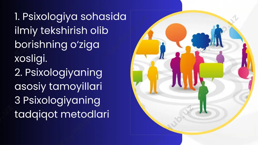 lmalari bilan aloqasini o‘rganuvchi) va psixokorreksiyani o‘rganuvchi tibbiyot psixologiyasi hisoblanadi psixologiyaning ko‘plab sohalari quyidagi mezonlar bo‘yicha ajratiladi: - aniq faoliyat (mehnat psixologiyasi, tibbiyot, pedagogik psixologiya, san’at, sport psixologiyasi va shu kabilar); - rivojlanish (hayvonlar psixologiyasi, qiyosiy psixologiya, rivojlanish psixologiyasi, bolalar psixologiyasi va shu kabilar); - ijtimoiy umumiylik (ijtimoiy psixologiya, shaxs psixologiyasi, guruh, sinf psixologiyasi, etnopsixologiya va h.k.). turli mualliflar psixologiyaning 100dan ortiq sohalarini sanab o‘tadilar. lekin aslida hozirgi kunda ularning soni bundan oshib ketgan. shuningdek, psixologiyaning maxsus bo‘lim va yo‘nalishlari ham mavjud: differensial psixologiya (odamlar o‘rtasidagi individual tafovutlarni o‘rganadi), qabul qilish psixologiyasi, kriminalistika va sud psixologiyasi, ilmiy, texnikaviy va badiiy ijod psixologiyasi, qarish psixologiyasi (gerontopsixologiya), aviatsiya psixologiyasi. hozirgi zamon psixologiyasi boyib, turli-tuman bo‘lib bormoqda, oxirgi yillarda psixologiyaning yangi sohalari: antropologik psixologiya, akmeologiya, tahdid va terrorizm psixologiyasi, xristianlik psixologiyasi, muloqot psixologiyasi, davriy psixologiya, biokonstitutsion psixologiya, «buyukshunoslik» psixologiyasi, o‘sish psixologiyasi, tirik hayot psixologiyasi, kvant psixologiyasi, tergov psixologiyasi, badiiy qabul etish psixologiyasi, psixologik …