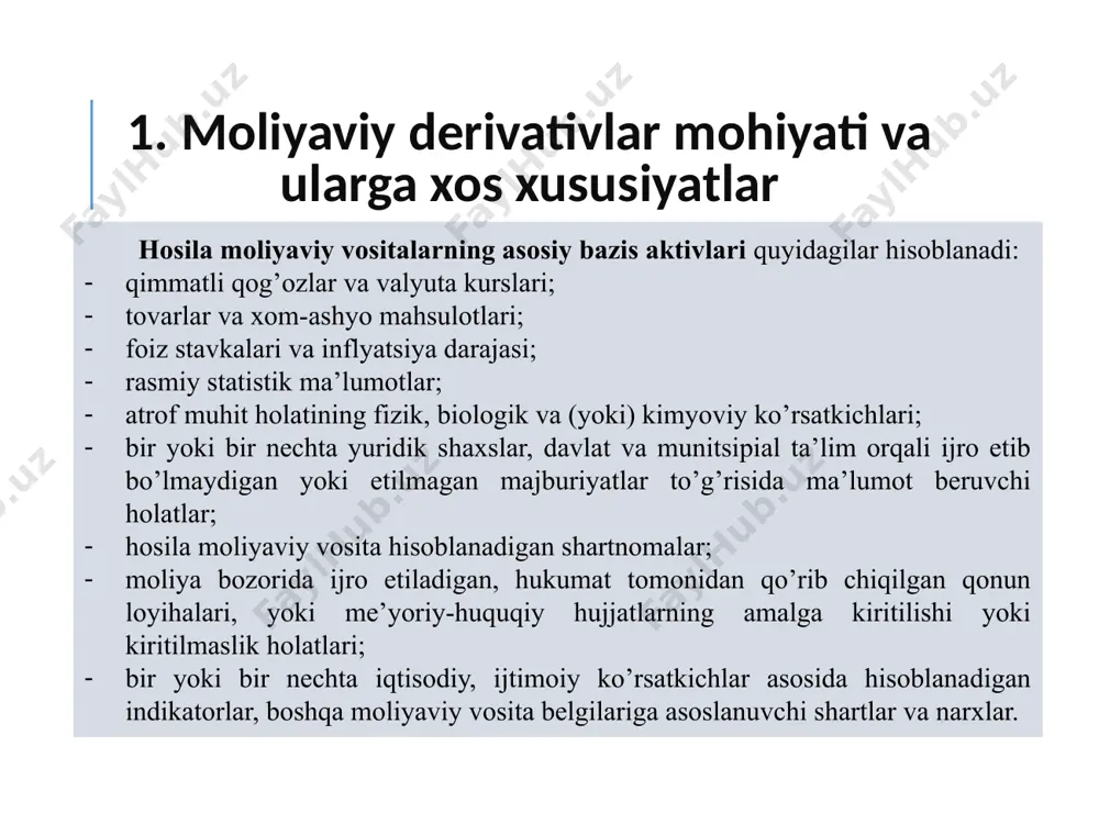 r narxi ma’lum bir kichik tebranish yo’lagi asosida o’zgaradi deb umid qiladi. 2. hosila moliyaviy vositalarning asosiy turlari strep – bu bitta put va ikkita koll optsion birlashmasidan tashkil topgan optsion bo’lib, ijro bahosi bitta yoki turlicha bo’lishi mumkin. bu kabi optsionlar bazis aktivlar narxi pasayishi kutilayotganda ko’payib boradi. strip – bu bitta koll va ikkita put optsion birlashmasidan tashkil topgan optsion bo’lib, bunda ham ijro bahosi bitta yoki turlicha bo’lishi mumkin. bu kabi optsionlar bazis aktivlar narxi oshishi kutilayotganda ko’payib boradi. qimmatli qog’ozlar bo’yicha optsionlarning bir turi varrant hisoblanadi. varrant o’z egasiga kompaniyaning ma’lum miqdordagi qimmatli qog’ozlarini oldindan belgilangan narx bo’yicha egallash huquqini taqdim etadi. svoptsion (swaption)- svoplar bitimlariga tuzilgan optsionlarni bildiradi. svoptsion o’z egasiga kelajakdagi ma’lum bir sanaga fiksirlangan (strayk) stavka bo’yicha maxsus shartlar asosida foiz svop bitimiga ko’shilish huquqini (majburiyatini emas) taqdim etadi. 2. hosila moliyaviy vositalarning asosiy turlari kredit derivativlari –kredit risklarini oldi-sotdi qilish orqali moliyaviy …