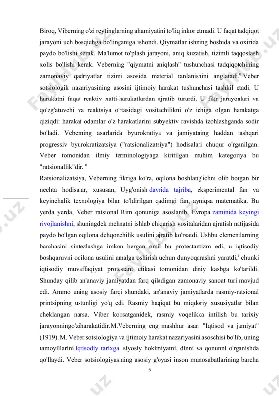 .0 veber sotsiologik nazariyasining asosini ijtimoiy harakat tushunchasi tashkil etadi. u harakatni faqat reaktiv xatti-harakatlardan ajratib turardi. u fikr jarayonlari va qo'zg'atuvchi va reaktsiya o'rtasidagi vositachilikni o'z ichiga olgan harakatga qiziqdi: harakat odamlar o'z harakatlarini subyektiv ravishda izohlashganda sodir bo'ladi. veberning asarlarida byurokratiya va jamiyatning haddan tashqari progressiv byurokratizatsiya ("ratsionalizatsiya") hodisalari chuqur o'rganilgan. veber tomonidan ilmiy terminologiyaga kiritilgan muhim kategoriya bu "ratsionallik"dir. 0 ratsionalizatsiya, veberning fikriga ko'ra, oqilona boshlang'ichni olib borgan bir nechta hodisalar, xususan, uyg'onish davrida tajriba, eksperimental fan va keyinchalik texnologiya bilan to'ldirilgan qadimgi fan, ayniqsa matematika. bu yerda yerda, veber ratsional rim qonuniga asoslanib, evropa zaminida keyingi rivojlanishni, shuningdek mehnatni ishlab chiqarish vositalaridan ajratish natijasida paydo bo'lgan oqilona dehqonchilik usulini ajratib ko'rsatdi. ushbu elementlarning barchasini sintezlashga imkon bergan omil bu protestantizm edi, u iqtisodiy boshqaruvni oqilona usulini amalga oshirish uchun dunyoqarashni yaratdi,0 chunki iqtisodiy muvaffaqiyat protestant etikasi tomonidan diniy kasbga ko'tarildi. shunday qilib an'anaviy jamiyatdan farq qiladigan …