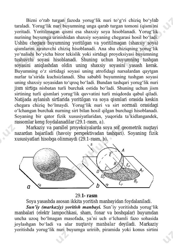 shu chiziqning yorug‘lik yo‘nalishi bo‘yicha biror tekislik yoki sirtdagi proyeksiyasi buyumning tushuvchi soyasi hisoblanadi. shuning uchun buyumning tushgan soyasini aniqlashdan oldin uning shaxsiy soyasini yasash kerak. buyumning o‘z sirtidagi soyasi uning atrofidagi narsalardan qaytgan nurlar ta’sirida kuchsizlanadi. shu sababli buyumning tushgan soyasi uning shaxsiy soyasidan to‘qroq bo‘ladi. bundan tashqari yorug‘lik nuri jism sirtiga nisbatan turli burchak ostida bo‘ladi. shuning uchun jism sirtining turli qismlari yorug‘lik quvvatini turli miqdorda qabul qiladi. natijada aylanish sirtlarida yoritilgan va soya qismlari orasida keskin chegara chiziq bo‘lmaydi. yorug‘lik nuri va sirt normali orasidagi o‘lchangan burchak nurning sirt bilan hosil qilgan burchagi hisoblanadi. soyaning bir qator fizik xususiyatlaridan, yuqorida ta’kidlangandek, rassomlar keng foydalanadilar (29.1-rasm, a). markaziy va parallel proyeksiyalarda soya sof geometrik nuqtayi nazardan bajariladi (havoiy perspektivadan tashqari). soyaning fizik xususiyatlari hisobga olinmaydi (29.1-rasm, b). 29.1- rasm soya yasashda asosan ikkita yoritish manbayidan foydalaniladi. sun’iy (markaziy) yoritish manbayi. sun’iy yoritishda yorug‘lik manbalari (elektr lampochkasi, sham, fonar …