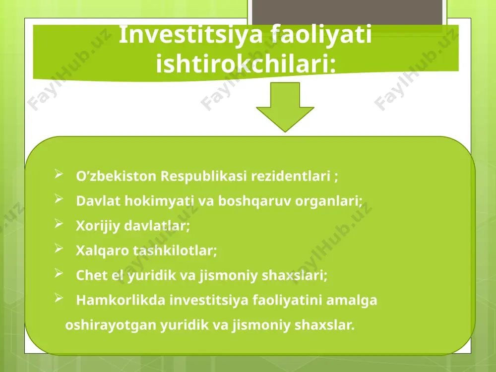 ga amalga oshiriladi: 1- investorlarning o'z moliyaviy resursiari va ichki xo'jalik zaxiralari: sof foyda, amortizatsiya ajratmalari, fuqaro va yuridik shaxslar jamg’armalari va boshqaiar; davomi investorlarning qarzga olgan moliyaviy mablag'lari (bank kreditlari, budjet ssudalari va boshqalar); jalb qilgan moliyaviy mablag'lari (aksiya va boshqa qimmatli qog'ozlar chiqarishdan olingan mablag'lar); qaytarishlik va qaytarmaslik asosida taqdim qilinadigan budjet mablag'lari; budjetdan tashqari jamg'armalar mablag'lari; xorijiy investorlar mablag'lari investitsiya loyihalarini moliyalashtirish manbalarini to’rt guruhga ajratish mumkin korxonalarning o'z moliyaviy mablag'lari (foyda, amortizatsiya ajratmasi va boshqalar); korxonalarning qarzga olgan moliyaviy mablag'lari (obligatsiyali qarzlar, korxona, bank va budjet va nobudjet fondlari kreditlari); davomi korxonalarning chetdan jalb qilgan moliyaviy mablag'lari (aksiya sotishdan tushgan mablag’lar, huquqiy shaxslar va fuqarolarning badallari) budjetning investitsiya mablag'lari: (respublika va mahalliy mablag'lari), yaponiyada investitsiyalash manbayining xuddi shunday guruhlanishini ko'rish mumkin. investitsiyalari moliyalashtirish davlat o'zining iqtisodiy, ijtimoiy, ekologik, mudofaa, huquqni himoya qiluvchi va boshqa funksiyalarini bajarishda investitsiyalarni budjet mablag'lari hisobidan moliyalashtirishni amalga oshiradi. davlat kapital qo'yilmalarni …