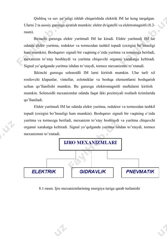 o’rsatilgan. elektrodvigatelli \ elektromagnitli elektrik ijro mexanizmlari bir aylanishli ko’p aylanishli qadamli doimiy aylanishli solenoidli uzoq muddatli tok o’tkazuvchan qisqa muddatli tok ‘otkazuvchan elektromagnitli mufta 8.2-rasm. chiquvchi organning xarakteriga qarab elektrik ijro mexanizmlarining turkumlanishi. тakomillashtirilgan elektrik ijro mexnizmlari тakomillashtioilgan elektrik ijro mexnizmlari ko’p aylanishli quvurli armaturani distansion boshqaruvi uchun qo’llanadi. bu ijro mexanizmlari m,a,b,v,g,d rusumli elektr yuritmalari nomini olgan bo’lib, ular gidromelirrativ tizimlarining avtomatlashtirilgan nasos stansiyalarida qo’llaniladi. ular bir-biridan maksimal aylanish momenti, reduktorining tuzilishi, gabarit ulanish o’lchamlari va ba’zi konstruktiv elementlari bilan farqlanadi. elektr yuritmalarining barcha konstruktiv elementlari maksimal darajada unifiksiyalangan, yuritma validagi ruxsat etilgan momentni chegaralovchi maxsus qurilmalari va boshqaruv sxemalariga ega elektr yuritmalarini ekspluatatsiya sharoitlariga ko’ra normal holatda ishlashi uchun 7 1-jadvalda ularni tiplariga ko’ra texnik ma’lumotlar keltirilgan. elektr yuritmalarining normal holatidagi joylashtirilishi vertikal holat hisoblanadi (yuritma vali vertikal joylashtiriladi). 8.1-jadval elektr motor tipii joylashtirilishi ishchi harorat oralig’i s тashqi muxitning nisbiy namligi 20 sda % moylash davriyligi …