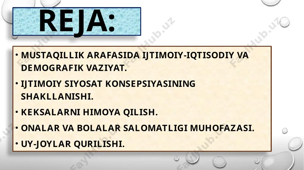 obardan ziyod yuqori bo‘lganini ko‘rsatadi. biroq, aholining bunday o‘sishi uzoq yillar davomida sanoat va iqtisodiyotning boshqa tarmoqlarida ish joylarini ko‘paytirish hamda aholining hayot ta’minoti uchun zarur shart-sharoitlarni yaratish bilan mustahkamlab borilmadi. bu esa odamlar turmush sharoitining og‘irlashuvi, ishsizlar sonining ko‘payishi, ijtimoiy mehnat unumdorligi va aholi daromadlarining kamayishi, pirovard natijada xalq farovonligining pasayishiga olib keldi. respublikadagi ijtimoiy ahvol, odamlarning ijtimoiy ta’minoti va ularni ijtimoiy himoya qilish qoniqarsiz darajada edi. ayniqsa, qishloq aholisining kanalizatsiya va vodoprovod bilan ta’minlanishi atigi 5 %, ichimlik suv bilan ta’minlanishi salkam 50 %, tabiiy gaz bilan ta’minlanishi 17 % tashkil etar edi. aholini uy-joy, sog‘liqni saqlash, madaniyat, maishiy xizmat ob’yektlari, maktablar, bolalar bog‘chalari va hokazolar bilan ta’minlash ishlarida siljishlar sezilmadi. vaholanki, aholining ko‘pchilik qismi qishloq joylarida istiqomat qilar edi. yuqorida qayd etilgan holatlar o‘zbekiston aholisi daromadlari va turmush darajasining keskin pasayishiga olib keldi. ijtimoiy infratuzilma tarmoqlari: sog‘liqni saqlash, xalq ta’limi, maktabgacha bolalar muassasalari juda og‘ir ahvolda bo‘lib, …