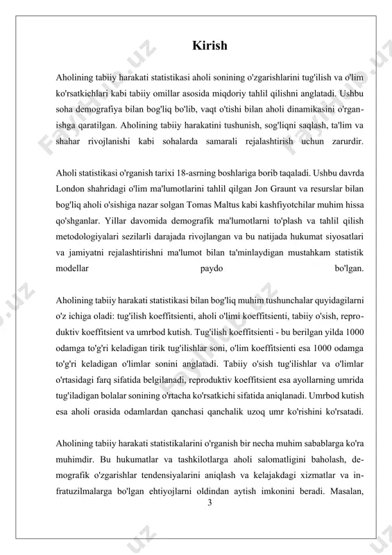 tistikasi misolida, tabiiy aholi harakatidagi tendensiyalarni ko'rsatadi. tug'ilish koeffitsienti pasaygan mamlakatlar ishchi kuchi yetishmovchiligi va qari aholi uchun sog'liqni saqlash xarajatlarining oshishi kabi muammolar bilan yuzlashmoqda. aksincha, yuqori tug'ilish koeffitsienti bo'lgan mintaqalar o'zlarining o'sayotgan yosh aholisiga ta'lim va ish joylari taqdim etishda muammolarga duch kelmoqda. yaponiyaning qariyalar jamiyati va uning iqtisodiy o'sishga ta'siri kabi misollar aholi statistikalarini tushunishning amaliy qo'llanilishini ta'kidlaydi. kelajakda texnologiyaning tug'ilish koeffitsientiga ta'siri va global migratsiya tendensiyalarining mahalliy aholi ustiga ta'sirini o'rganish uchun yangi sohalar mavjud. xulosa qilib aytganda, aholining tabiiy harakati statistikasi demografik o'zgarishlarni va ularning jamiyatga ta'sirini tushunishda muhim rol o'ynaydi. ushbu soha doimiy ravishda rivojlanmoqda, yangi metodologiyalar va interdisiplinar yondashuvlar aholi dinamikasining murakkabligini tushunishni oshirmoqda. mavjud muammolarni hal qilish va kam o'rganilgan sohalarni kengaytirish tadqiqotlar va siyosatlarni samarali ravishda boshqarish uchun muhim ahamiyatga ega. i. tug‘ilish va o‘lish ko‘rsatkichlari tahlili tug‘ilish va o‘lish ko‘rsatkichlari aholi tabiiy harakati statistikasi uchun muhim ko‘rsatkichlardir. ushbu ko‘rsatkichlar aholi …