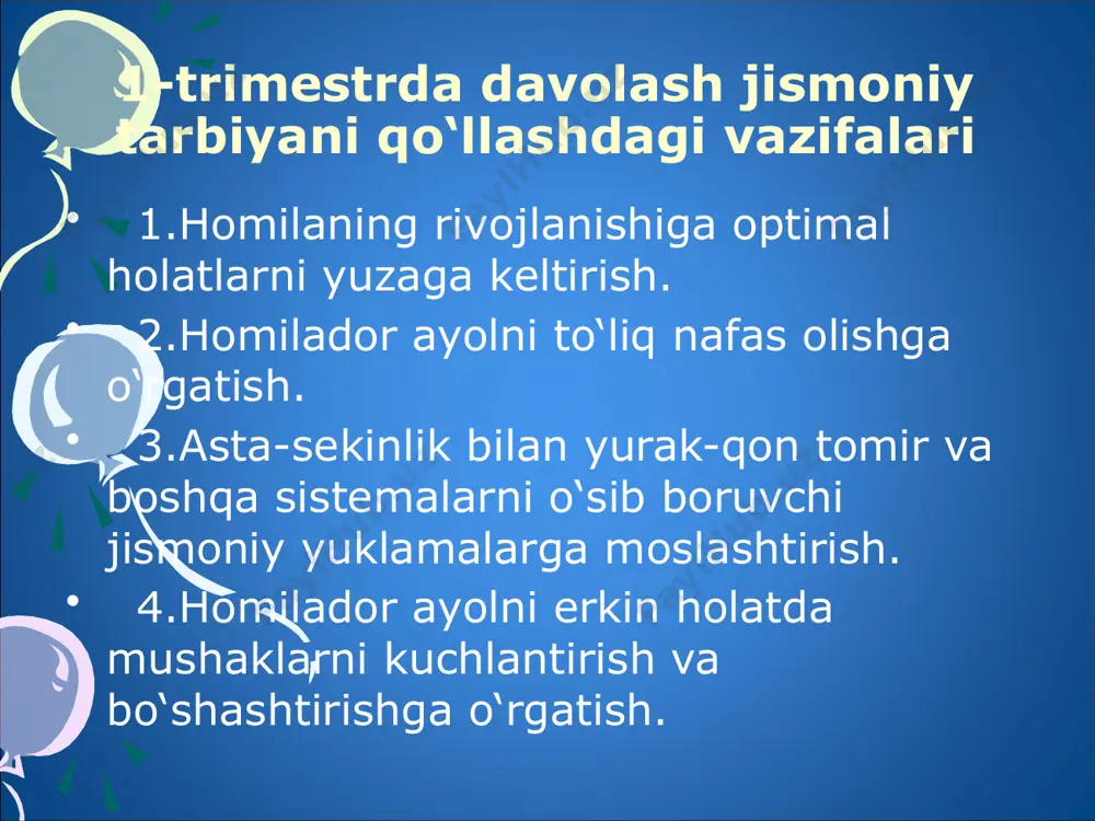 ko‘tarish. turgan dastlabki holatda -tanani aylantirish, orqaga va oldinga bukish; -aylanma va burilish mashqlarida qo‘llarni harakatga keltirish. homiladorlik va tug‘riqdan keyingi davrda davolash maqsadida qo‘llanilayotgan davolash gimnastika muolajasining effektivligini baholashda quyidagilardan foydalaniladi -yurakning qisqarish soni; -arterial bosim; -nafas olish soni; -spirometriya; -spirografiya; -homila holatini kuzatish; -homila yurak urishining sonini va sifatini aniqlash. ginekologik kasalliklarda davolash gimnastika muolajasining effektivligini baholashda quyidagilardan foydalaniladi -yurakning qisqarish soni; -arterial bosim; -nafas olish soni; -spirometriya; -spirografiya; -oksigemometriya; -yotgan va turgan dastlabki holatlarda kindak sohasida qorin aylanasini o‘lchash. ma'ruza maqsadlari bolalar va o'smirlarni reabilitatsiya qilishning ko'p bosqichli tizimi bilan tanishish . anatomik va fiziologik xususiyatlarni hisobga olgan holda, rivojlanishda kechikishlar va boshqalarni hisobga olgan holda turli yosh guruhlaridagi (shu jumladan erta yoshdagi) bolalar uchun reabilitatsiya tadbirlarini o'tkazish xususiyatlarini aniqlash . rossiya federatsiyasida bolalar va o'smirlarni sanatoriy-kurortda davolashni tashkil etishni o'rganish abilitatsiya - bu ijtimoiy muhitga hali moslashmagan yosh bolalarda ishlash, o'qish va jamiyatning foydali a'zosi bo'lish …