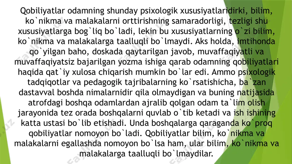 miy qobiliyatlar mavjud bo`lganda kishi faoliyatning turli xillari bilan muvaffaqiyatli shug`ullana oladi. maxsus qobiliyatlar kishiga qandaydir bir muayyan faoliyat bilan muvaffaqiyatli shug`ullanish imkoniyatini beradi. masalan, matematik, texnikaviy, adabiy, musiqiy, tasviriy va boshqa qobiliyatlar bo`ladi. umumiy qobiliyatlarga ko`p hollarda intellekt, tafakkurning kreativligi va shaxsning psixomotor qobiliyatlari kiradi deb hisoblaydilar. intellekt. yuqorida ko`rsatib o`tganimizdek odamning aqliy rivojlanish darajasini o`rganishga intilish "intellekt" tushunchasini va nazariyasininng yaratilishiga olib keldi. ko`rsatib o`tganimizdek intellektini o`lchash va baholash uchun turli testlar qo`llaniladi. ularning barchasi intellekt testlari degan umumiy nom bilan ataladilar. biz yuqorida intellektini baholashda ko`p qo`llaniladigan testning mohiyatiga qisqa to`xtalib o`tgan edik. shuni ta`kidlab o`tish lozimki, ulardagi formulalar bolalar intellektini o`lchashda qo`llaniladi. katta yoshli kishilar intellektini baholash uchun boshqa mezon, individual natijani biror meyor (ko`pchilikni o`rganish natijasida tajriba yo`li bilan topilgan) bilan taqqoslanadi. quyida biz shunday jadvallardan birini keltiramiz. intellektni baholash jadvali. intellekt koeffitsienti iq aqliy rivojlanish darajasi % hisobida taqsimlanganlik ko`rsatgichi 130 va yo’qori juda …