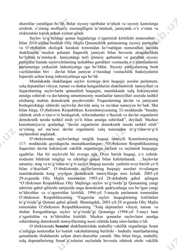 - monarxiya va respublika shakllari mavjud. respublika, о‘z navbatida, parlamentar respublika va prezidentlik respublikasi kо‘rinishlariga ega. prezidentlik respublikasi hozirgi kunda eng kо‘p tarqalgan davlat boshqaruvi shaklidir. birlashgan millatlar tashkilotiga a’zo 192 davlatdan 142 tasida prezident lavozimi mavjud bо‘lib, ularning aksariyati prezidentlik respublikasidir. o‘zbekistonda prezident lavozimi 1990-yil 24-martda oliy kengashning i sessiyasida ta’sis etildi. 1991-yil 29-dekabrda о‘zbekiston respublikasining davlat mustaqilligi tо‘g‘risidagi masala bо‘yicha о‘zbekiston respublikasining referendumi, о‘zbekiston respublikasi prezidenti saylovi о‘tkazildi. о‘zbekistondagi prezidentlik hokimiyatini mustahkamlashda 1991-yil 18-noyabrda qabul qilingan «о‘zbekiston respublikasi prezidenti saylovi tо‘g‘risida»gi qonun va uning asosida о‘tkazilgan umumxalq saylovi katta ahamiyat kasb etdi. mustaqillik yillarida prezidentlik instituti tо‘la shakllandi. quyida mazkur fikrni isbotlashga urinib kо‘ramiz. 1991-yil 29-dekabrda о‘zbekiston respublikasining davlat mustaqilligi borasida о‘tkazilgan referendumda ovoz berishda qatnashganlarning 98,2 foizi respublika davlat mustaqilligini qо‘llab-quvvatlab ovoz berdi va markaziy saylov komissiyasi о‘zbekiston respublikasi oliy kengashi tomonidan e’lon qilingan о‘zbekiston respublikasining davlat mustaqilligi umumxalq tomonidan ma’qullandi, deb topdi. 1991-yil 29-dekabrda o‘zbekiston respublikasining …