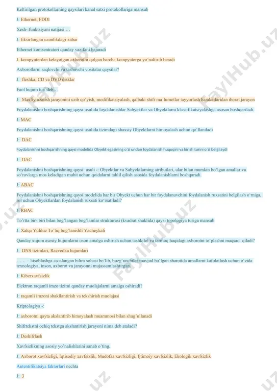 sitalar qaysilar? j: fleshka, cd va dvd disklar faol hujum turi deb… j: maxfiy uzatish jarayonini uzib qo’yish, modifikatsiyalash, qalbaki shifr ma`lumotlar tayyorlash harakatlaridan iborat jarayon foydalanishni boshqarishning qaysi usulida foydalanishlar subyektlar va obyektlarni klassifikatsiyalashga asosan boshqariladi. j: mac foydalanishni boshqarishning qaysi usulida tizimdagi shaxsiy obyektlarni himoyalash uchun qo‘llaniladi j: dac foydalanishni boshqarishning qaysi modelida obyekt egasining o‘zi undan foydalanish huquqini va kirish turini o‘zi belgilaydi j: dac foydalanishni boshqarishning qaysi usuli -: obyektlar va subyektlarning atributlari, ular bilan mumkin bo‘lgan amallar va so‘rovlarga mos keladigan muhit uchun qoidalarni tahlil qilish asosida foydalanishlarni boshqaradi. j: abac foydalanishni boshqarishning qaysi modelida har bir obyekt uchun har bir foydalanuvchini foydalanish ruxsatini belgilash o‘rniga, rol uchun obyektlardan foydalanish ruxsati ko‘rsatiladi? j: rbac to’rtta bir-:biri bilan bog’langan bog’lamlar strukturasi (kvadrat shaklida) qaysi topologiya turiga mansub j: xalqa yulduz to’liq bog’lanishli yacheykali qanday xujum asosiy hujumlarni oson amalga oshirish uchun tashkilot va tarmoq haqidagi axborotni …