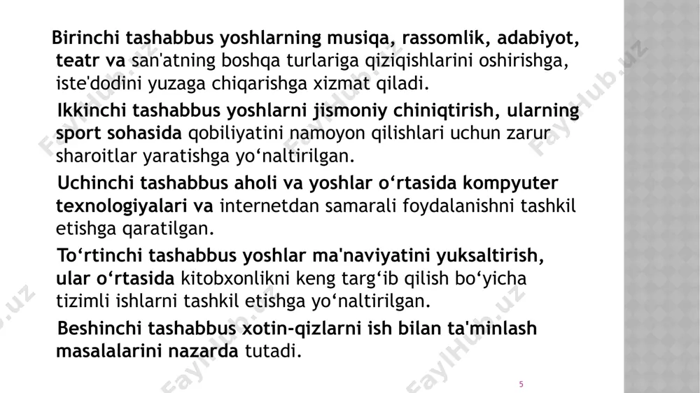 o‘zbekiston respublikasi prezidentining 5 muhim tashabbusi - Page 5