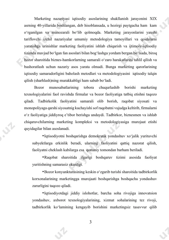 ozo qiladi. · iqtisodiyotdagi jiddiy islohotlar, barcha soha rivojiga innovatsion yondashuv, axborot texnologiyalarining, xizmat sohalarining tez rivoji, tadbirkorlik ko‘lamining kengayib borishini marketingsiz tasavvur qilib bo‘lmaydi. korxonalar iste’molchilarning talab va ehtiyojlarini qondirish orqali rejalashtirgan foydani olishiga marketing bevosita ta’sir etadi. iste’molchi va xaridor kategoriyalari marketing jarayonida o‘ziga xos xarakterga ega. mahsulot ishlab chiqaruvchidan to oxirgi iste’molchiga yetib kelgunicha bir necha bosqichlarni bosib o‘tadi. bu orada savdo funksiyalari bilan chakana va ulgurji xaridolar shug‘ullanadilar. ulgurji xaridor foyda olish maqsadida tovarni bevosita ishlab chiqaruvchi korxonadan sotib olib uni boshqa shaharlarga, savdo tarmoqlariga tarqatadi va shu orqali o‘zi narxlarni belgilab foyda ko‘radi. bu yerda ulgurji xaridor iste’molchi emas, balki vositachi rolini o‘ynamoqda. bu o‘rinda ulgurji xaridor tovar va xizmatlarga talabni shakllantiradi, o‘z navbatida bozorni o‘rganib, raqobatchi firmalarning kuchli va zaif tomonlarini aniqlaydi. jarayonning yana bir muhim qismi bu tadqiqotlar asosida yangi innovatsion tovar yaratish bosqichi. ilmiy tadqiqotlar, benchmarking orqali yangi texnologiyalar va tovar turlari …
