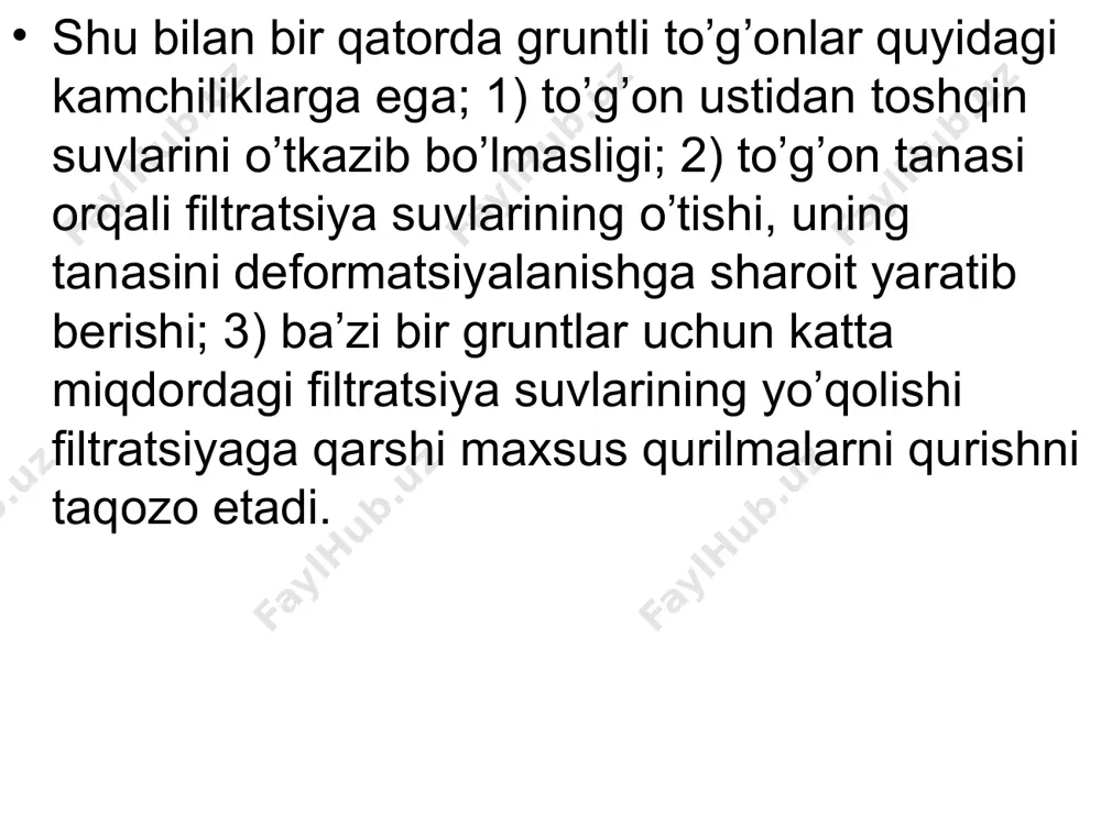 arning suv o’tkazuvchanligi, ularning o’zaro joylashuvi va qatlamlarning passayishi (tushishi) katta ahamiyatga ega. ko’pincha suv ombori havzasi va to’g’on zaminidagi gruntlarning muhandislik-geologik tuzilishi to’g’on stvorini tanlashda hal qiluvchi asosiy omillardan biri hisoblanadi; 3) gidrogeologik, suv omborini to’ldirish, toshqin paytidagi ortiqcha suvlarni pastki bef tushirib yuborish masalalarini hal qiladi. 4) suv tashlovchi inshootning joylashuvi gidrouzel narxiga va uni ekspluatatsiya qilishga ta’sir etadi. 5) har xil omillar, bu qurilish davridagi sarflarni o’tkazish, yo’l tarmog’i, sanitar talablar, elektr energiyasini olib kelish, inshootlarni qulay ekspluatatsiya qilish va boshqalar. 6.to’g’on tepasining sath belgisini aniqlash to’g’on tepasining sath belgisini aniqlashda havzada shamol ta’sirida paydo bo’ladigan suv to’lqining balandligini hisobga olish lozim. to’g’on tepasi sathining suv ombordagi hisobiy suv sathidan ko’tarilish balandligi quyidagi ifoda bo’yicha aniqlanadi: to’g’on tepasining sath belgisini aniqlash sxemalari: a-paraketsiz; b-paranet bilan; 1-hisobiy statik sath; 2-to’lqinning o’rtacha chizig’i; 3- to’g’on tepasi; 4-parapet tepasi vw, m/s 20 30 40 50 kw 2,1·10-6 3·10-6 3·10-6 4,8·10-6 …
