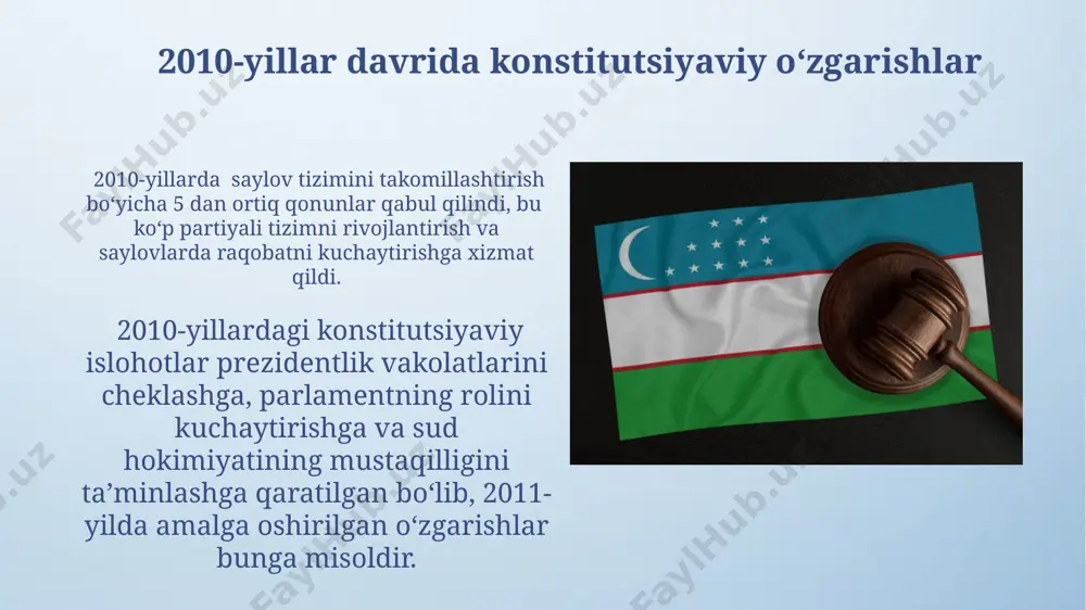 altirilgan edi. 1990-yil konstitutsiyasi: mustaqillikka qadam 1990-yilgi konstitutsiya, mustaqillikka o'tish davrida siyosiy-huquqiy tizimni isloh qilish va demokratik institutlarni rivojlantirishga yo'naltirilgan birinchi huquqiy asos bo'lib xizmat qildi. ushbu konstitutsiya o'zbekistonning davlat ramzlari, davlat tuzilishi va hokimiyatning asosiy tarmoqlarini belgilashda muhim qadam bo'ldi, mustaqillikka o'tish jarayonini boshlashga zamin yaratdi. saylov tizimi va siyosiy partiyalar 1990-yillarda ko'p partiyali saylov tizimi joriy etilishi bilan birga, 2000-yillarning boshlarida siyosiy partiyalarning roli konstitutsiyaviy islohotlar orqali kuchaytirildi, ammo ularning haqiqiy ta'siri cheklangan edi. 2017-yilgi konstitutsiyaviy islohotlar saylov qonunchiligini takomillashtirish va siyosiy partiyalarning faoliyatini liberallashtirishga qaratilgan bo'lib, 5 tadan ortiq partiyaning ro'yxatdan o'tishini ta'minladi. prezidentlik instituti va uning rivojlanishi конституциянинг 2017 ва 2023 йиллардаги таҳрирлари президентнинг парламент билан муносабатларини қайта кўриб чиқиб, унинг қонун чиқаришдаги ролини кучайтирди, демократик тузум элементлари киритилди. 1991 йилги конституция президентлик институтини таъсис этиб, унинг ваколатларини белгилади, кейинги ўзгартишлар орқали унинг кучи ва таъсири 2024 йилга келиб сезиларли даражада кучайди. 2017-yilgi referendum va konstitutsiyaviy …