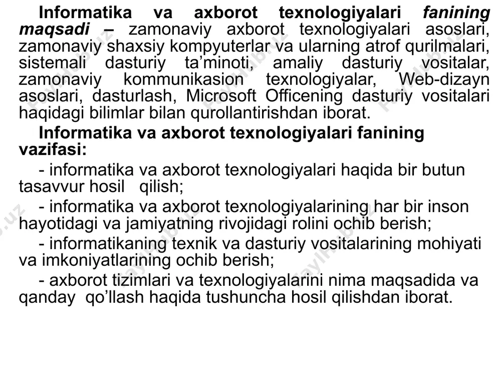 sifat ko`rsatkichlari ахborot texnologiyasi va tizimlari теxnologiya – grekcha tildan tarjima qilinganda san’at, mahorat kabi ma’nolarni bildiradi. axborot texnologiyasi - ob`ekt, jarayon yoki hodisalar holati haqidagi ma`lumotlarni bir ko‘rinishdan ikkinchi, sifat jihatdan mutloq yangi ko‘rinishga keltiruvchi ma`lumotlarni to‘plash, qayta ishlash uzatishning vosita va usullari majmuasidan foydalanish jarayonidir. axborot texnologiyasi axborot tizimlari bilan mukammal bog‘langan bo‘lib, ular uchun axborot texnologiyasi asosiy muhit hisoblanadi. bir qaraganda axborot texnologiyasi va tizimi ta'rifi bir-biriga o‘xshash ko‘rinadi, lekin bunday emas. axborot texnologiyasi kompyuterda saqlanayotgan ma'lumotlar ustidan tartiblashgan qoidalar asosida amal, harakat va bosqichlarni bajarish jarayonidir. axborot texnologiyasining asosiy maqsadi — birlamchi axborotni maqsadga yo‘naltirilgan harakat natijasida qayta ishlash yo‘li bilan foydalanuvchiga kerakli axborotni berishdir. axborot tizimi kompyuterlar, kompyuterlar tarmog‘i, das-turiy mahsulotlar, ma'lumotlar bazasi, insonlar, turli texnik va dasturiy aloqa vositalari hamda boshqa qurilmalardan tashkil topgan muhitdir. axborot tizimining asosiy maqsadi — axborotni saqlash va uzatishdan iboratdir. axborot tizimi axborotni qayta ishlash inson-kompyuter tizimidir. axborot texnologiyasi …