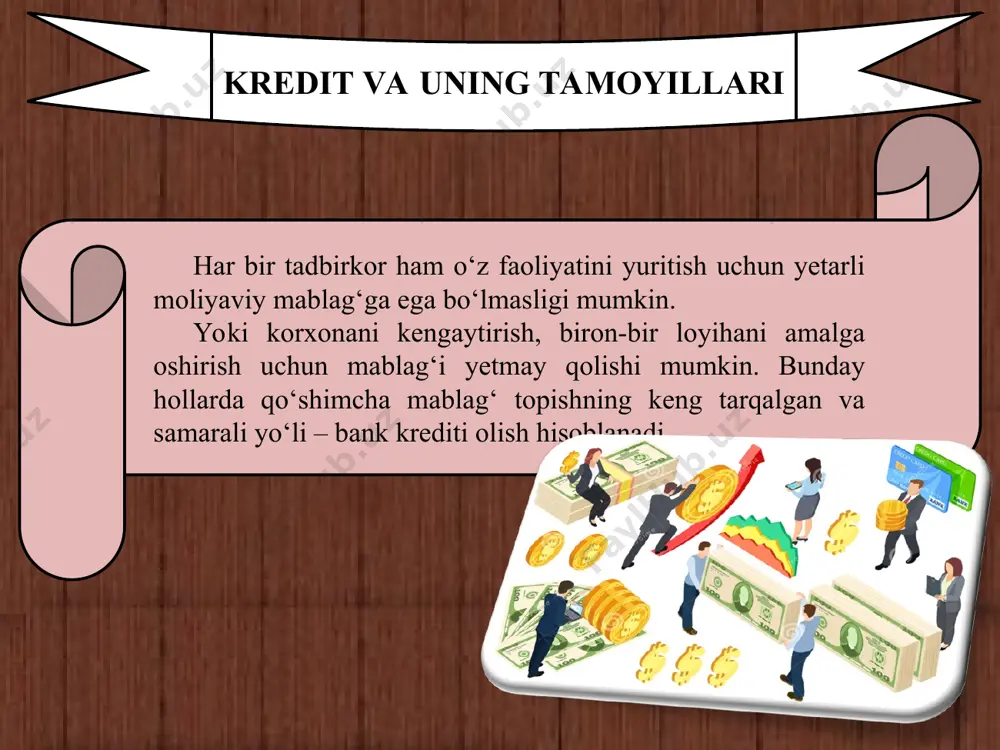 ni belgilangan muddatda qaytarish imkoniyatini oshiruvchi qo‘shimcha sharti. kredit ta’minoti sifatida garov tariqasidagi mol-mulklar, turli tashkilotlarning kafolatlari, uchinchi shaxs kafilligi va boshqalar xizmat qilishi mumkin. mijozning kredit olish layoqatini baholash siz kredit olish maqsadida tegishli hujjatlarni bankka taqdim etganingizdan so‘ng bank kredit olish layoqatingizni baholab ko‘radi. chunki mijozga kredit berish mumkinligi va uning miqdorini to‘g‘ri aniqlash bank kreditining qaytarilishiga imkon yaratadi. mijozning kredit olish layoqatini baholash har bir bank tomonidan mustaqil ravishda ishlab chiqilgan mezonlar va usullar asosida amalga oshiriladi. eng avvalo, bank sizning muayyan davrda barcha to‘lovlarni amalga oshirgandan keyingi qoladigan pulingizni quyidagi formula orqali aniqlaydi: sd = od – ds bu yerda: sd – sof daromad; od – olingan daromad; ds – doimiy sarflar. aytaylik, sizning daromad solig‘i va boshqa ushlanmalardan keyingi oylik daromadingiz 1 mln. so‘mni tashkil etadi. doimiy sarflar (masalan, kommunal to‘lovlari, ijara haqi va boshqalar) miqdori 400 ming so‘m bo‘lsa, u holda sof daromadingiz 600 …