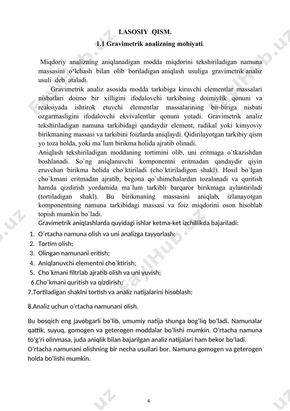 nalar qattik, suyuq, gomogen va geterogen moddalar bo‘lishi mumkin. o‘rtacha namuna to‘g‘ri olinmasa, juda aniqlik bilan bajarilgan analiz natijalari ham bekor bo‘ladi. o‘rtacha namunani olishning bir necha usullari bor. namuna gomogen va geterogen holda bo‘lishi mumkin. gomogen materialdan o‘rtacha namuna olish oson. agar analiz qilinishi kerak bo‘lgan modda qattiq holda bo‘lsa. har xil katta kichiklikda bo‘lsa, uni avval tegirmonda maydalab, aralashtirb, kvadrat holda yoyib qo‘yib, dioganal bo‘yicha 4 ga bo‘linadi. qarama-qarshi uchburchakdagisi (1,3) olinadi va qolgani (2.4) tashlab yuboriladi. avvalgi (1,3) qismni olib kvadrat qilib, yana 4 ga bo‘lib. ikki tomoni tashlab yuboriladi va hokazo: agar namuna vagonda bo‘lsa (50 tonna), shundan analiz uchun 100 g olinadi. yana 100 g namunani. agar kelishmovchilik chiqsa, maxsus analiz qilish uchun arbitraj analiz uchun saqlab qo‘yiladi. agar namuna suyuq holda bo‘lsa (masalan sanoatda chiqayotgan chiqindi suvlar) trubadan chiqayoyotgan namunadan vaqti-vaqti bilan trubadan olinadi. agar namuna qotishma bo‘lsa, uni bir necha joyidan parchalab olinadi. …