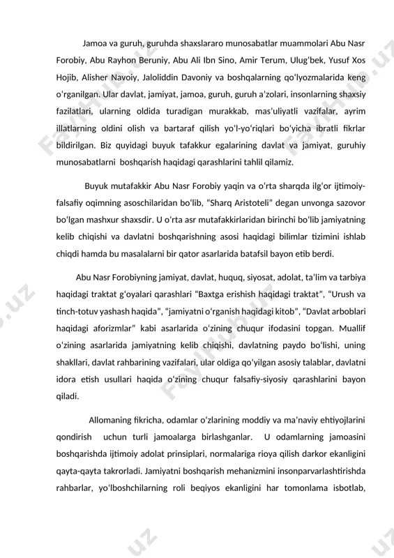 nasiga ulkan hissa qo‘shgan allomalardan biridir. ayniqsa uning davlat boshqaruvi haqidagi fikr-mulohazalari tahsinga loyiqdir. ibn sino siyosiy qarashlaridagi e’tiborga molik narsa – bu ideal davlat to‘g‘risidagi g‘oyadir. uning fikricha, ideal davlat tepasida ma’rifatparvar shoh turishi kerak. jamiyat a’zolarining barchasi mehnat bilan shug‘ullanishlari zarur. uningcha ideal jamiyat aholisi uch tabaqaga bo‘linadi: ma’muriy ishlar bilan shug‘ullanuvchi boshqaruvlar, ishlab chiqaruvchilar va harbiylar. ibn sino jamiyatni davlatsiz, qonun-qoidasiz tasavvur qila olmaydi. u o‘zining “risolai tadbiri manzil” asarida yozgan ediki, agar hamma odamlar shoh, sultonlardan iborat bo‘lsa, yoki hammalari oddiy mehnatkash bo‘lsalar edi, ularga rahbarlik qiluvchi xonlar, sultonlar bo‘lmasa edi. bunday hollarda ularning barchalari halok bo‘lgan bo‘lur edilar. mutafakkir jamiyatdagi moddiy tengsizlikni e’tirof etib, odamlarning hammalarini boyib ketishlariga va aksincha kambag‘allashib ketishlariga qarshi chiqadi. uningcha, agarda hamma jamiyat a’zosi birdek boylikka, mulkka ega bo‘lsalar, u holda bir kishini ikkinchi kishiga yordam ko‘rsatishi, bir-birini rag‘batlantirishi tugatiladi. aksincha, odamlarning hammasi yo‘qsillarga aylansalar, bunday holda, ular ocharchilikdan qirilib …
