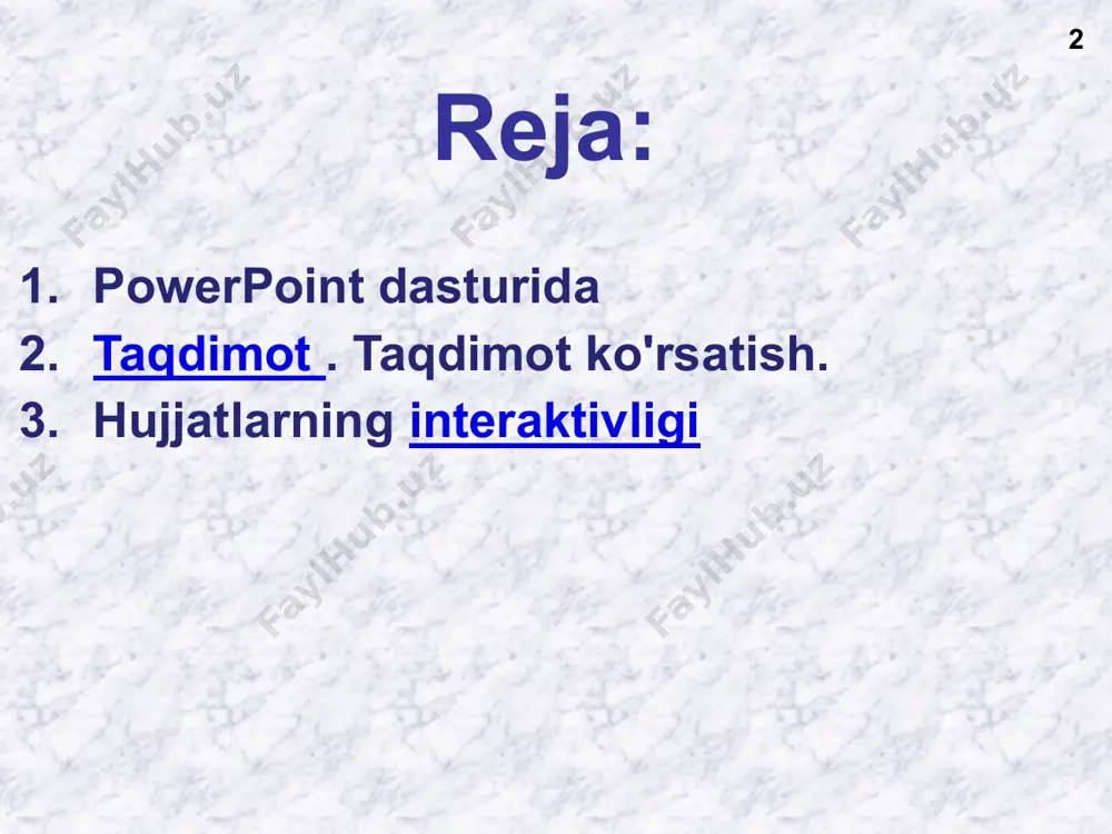 alar, matn) katta taqdimotlarni bo'limlarga bo'lish (odatda 5-9 bo'lim ) tinglovchining ma'lumotni idrok etish uchun vaqti bo'lishi kerak borligini o'qish shart emas (slayd hikoyani to'ldiradi) istisnolarsiz qoidalar yo'q! ! ikki taqdimot uslubi 19 hissiy ( o'ziga jalb qilish, qiziqish uyg'otish ) funktsional (qiziqish bor, tafsilotlar kerak) biz shunday yashaymizmi? yoki shunday? power point 3 . hujjatlarning interaktivligi 20 interaktivlik 21 interaktivlik - foydalanuvchi harakatlariga javob berish qobiliyati. giperhavolalar boshqa slaydlarga, boshqa hujjatlarga, veb- sahifalarga va hokazolarga "faol" havolalardir . sichqonchaning chap tugmachasini bosish harakatlari (jumladan, harakat tugmalari ). triggerlar - ma'lum bir ob'ektni bosish orqali animatsiyani boshlash. giperhavolalar 22 yoki ctrl+k ob'ekt yoki matnni amallar (tanlangan ob'ekt uchun) 23 standart yoki diskdan triggerda animatsiya boshqarish tugmalari 24 triggerda animatsiya ranglarni o'zgartirish (va boshqa xususiyatlar): rmb - shakl formati qahramonni bosing ... triggerlar - ular nima? 25 alyosha popovich ilya muromets nikitich trigger ( trigger, "latch") - bosilganda animatsiyani boshlaydigan element. …