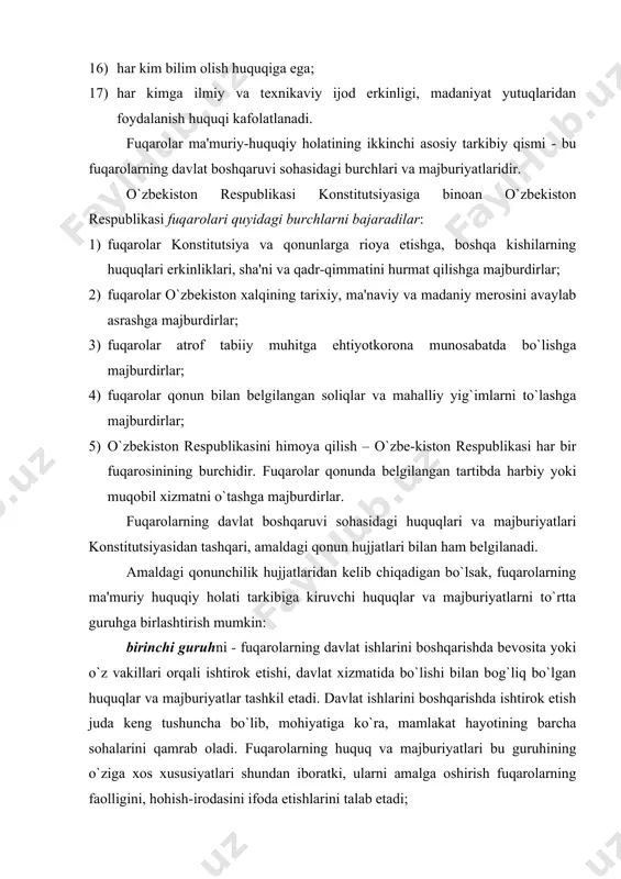 . jumladan, davlat organlari yoki mansabdor shaxslarning yordamisiz yoki qo`llab-quvvatlashisiz fuqarolar mitinglar, namoyishlar o`tkazish huquqini, o`z manfaatlarini himoya qilish uchun birlashish huquqini, davlat organlariga yakka tartibda yoki jamoa bo`lib murojaat qilish huquqini, davlat organlari (mansabdor shaxslar)ning qonunga zid xatti-harakatlari (qarorlari) oqibatida yetkazilgan zararni qoplash huquqini amalga oshira olmaydi; uchinchi guruhni guruhni tashkil etuvchi fuqarolarning huquq va majburiyatlarini amalga oshirish - davlat organlari va mansabdor shaxslardan bu huquqlarni himoya qilish, davlat tomonidan kafolatlash, ularni amlaga oshirish uchun shart-sharoitlarni yaratib berish bo`yicha funksional faoliyatni amalga oshirilishini talab qiladi; davlat boshqaruvi sohasidagi fuqarolar huquq va majburiyatlarining to`rtinchi guruhi - davlat organlari faoliyatida fuqarolar ishtiroki bilan bog`liqdir. masalan, bunga – fuqarolarning davlat organlari faoliyatida ilmiy-texnik, ekspert, maslahatchi, sohaviy yoki ishchi komissiyalarining a'zosi sifatida ishtirok etishi bilan bog`liq bo`lgan huquq va majburiyatlar kiradi. fuqarolar davlat boshqaruvi sohasida o`zlarining huquqlari va majburiyatlarini amalga oshirish orqali turli ma'muriy-huquqiy munosabatlarga kirishadilar. 2.2. fuqarolar huquq va erkinliklarining kafolatlari fuqarolarning …