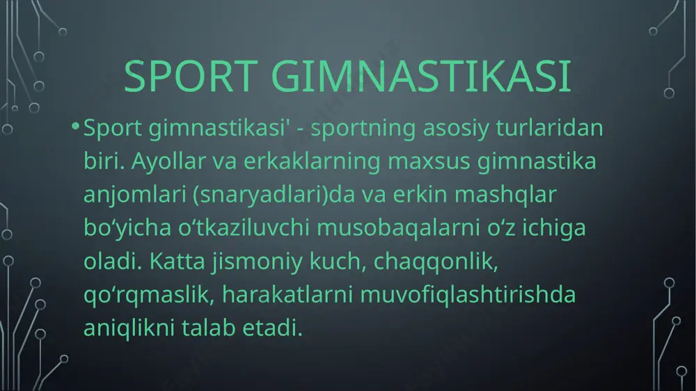 larni bajarganda sportchi avvalo o‘z muvozanatini, so‘ng sheriklarining muvozanatini saqlashi zarur. akrobatika musobaqalari quyidagi turlarga bo‘linadi: akrobatik sakrashlar (erkak va ayollar); aralash juftliklar mashqi (erkak va ayol); erkaklar juftlik mashqlari; ayollar guruhli mashqlari; erkaklar guruhli mashqlari (ikki yoki to‘rt kishi); batut (sakragich) ustida (erkaklar va ayollar) mashqlari. xalqaro akrobatika federatsiyasiga (1973 yil asos solingan) 29 mamlakat a’zo (1987). 1974-yildan jahon, 1978-yildan yevropa chempionati o‘tkaziladi. akrobatika sporti o‘zbekistonda 1936 yildan rivojlana boshladi. oʻzbekiston respublikasida n. lakiza, m. teshaboyev, m. tojiyev, d. kostin, r. isyanov, v. babich, m. qodirova, ya. muhamedov mashhur akrobatchilardir; sirk san’ati janri. misr, yunoniston, rim, vizantiya, xitoy, yaponiyada qadimdan ma’lum. o‘rta asrlarda akrobatika turkiston masxarabozlik san’atidan o‘rin egallab, dorbozlikda keng qo‘llanilgan. boshqa mamlakatlarda mim janrida chiquvchilar (italiyada), jonglyorlar (fransiyada) faoliyatida namoyon bo‘lgan. 18-asr oxirlaridan sirkda keng tarqaldi. asosan, dinamik va statik mashqlarga bo‘linadi. dinamik mashqlar umbaloq oshish, to‘ntarilish, salto (turgan joyda muallaq holda umbaloq oshib, yana o‘z vaziyatiga …