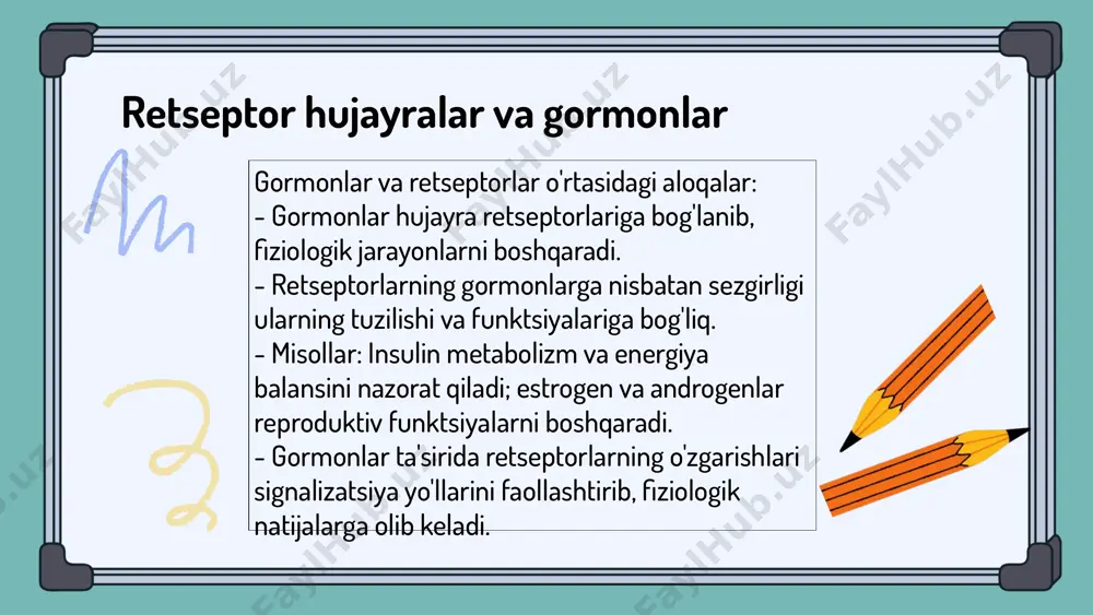 rlar retseptorlar bilan o'zaro ta'sir qilib, organizmning faoliyatini boshqaradi. bu jarayonlar muvozanatni saqlash va fiziologik faoliyatlarni amalga oshirish uchun zarurdir. retsepsiya jarayonining asosiy bosqichlari va ularning organizm uchun ahamiyati aniqlandi. gormonlar ta'sirida retseptorlarning o'zgarishi sog'liq uchun muhim fiziologik natijalarga olib keladi. e'tiboringiz uchun rahmat! image1.png image2.png image3.png image4.png image5.png image6.png image7.png image8.png image9.png image10.png image11.png image18.png image19.png image20.png image21.png image22.png image23.png