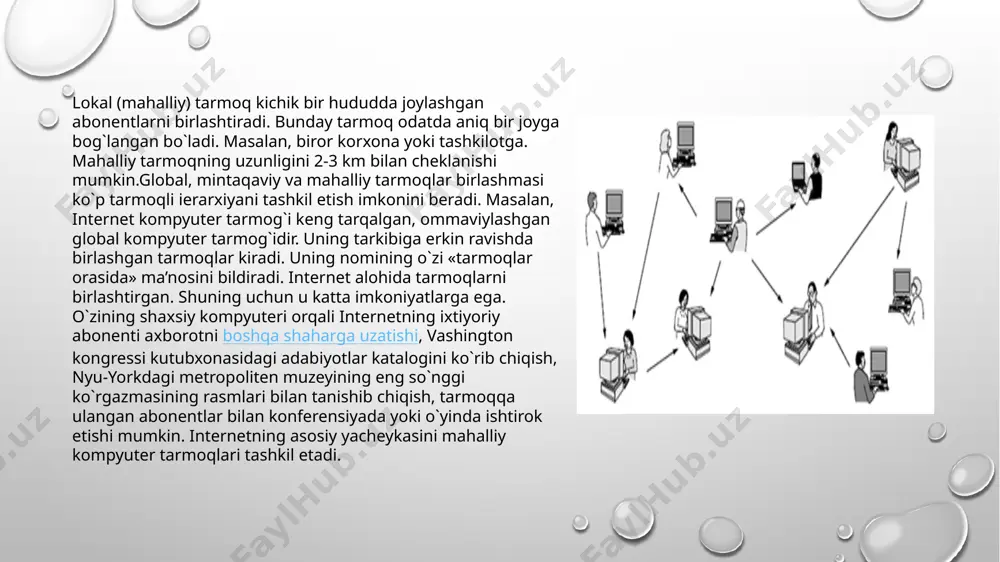 o'rini­shiga o'tkazib berishdan iborat. modemning asosiy xarakteristikasi bodlarda o'lchanadigan ma'lumotlarni uzatish tezligidan iborat. zamonaviy modemlarning tezligi 2400, 9600, 14400, 19200, 22880 va 33600 boddan iborat. elektron aloqalar uchun ushbu modemlarning ixtiyoriysidan foydalanish mumkin. kompyuterlar tarmoqda ishlashi uchun serverga kerakli operatsion tizim o'rnatilishi kerak. bunday operatsion tizimlar ikki turga bo'linadi. masalan, windows for workdows 95, windows — 1 workstation operatsion tizimi serversiz tarmoqlarni tashkil etish imkoniga ega bo'lgan operatsion tizimlar hisoblanadi. bunday tarmoqdagi kompyuterlar teng huquqli hisoblanadi. ikkinchi turdagi operatsion tizimlarda tarmoqni hosil qilish uchun maxsus kompyuter — server ajratiladi. ularga novell net ware nt server va boshqalarni misol qilib keltirish mumkin. bunday operatsion tizim kompyuter ishini ishonchli va samarali qilib amalga oshiradi. kompyuter tarmoqlarining sinflari tarmoqlarni turli me’yorlarga ko’ra sinflarga ajratish mumkin. bular: 1)o’tkazish qobiliyati, ya’ni ma’lumotlarni tarmoqqa uzatish tezligiga muvofiq: - past 100 kbit/ s gacha;- o’rta 0,5-10 mbit/s gacha; - yuqori 10 mbit/s dan ortiq. 2) uzoq kommunikatsiya …