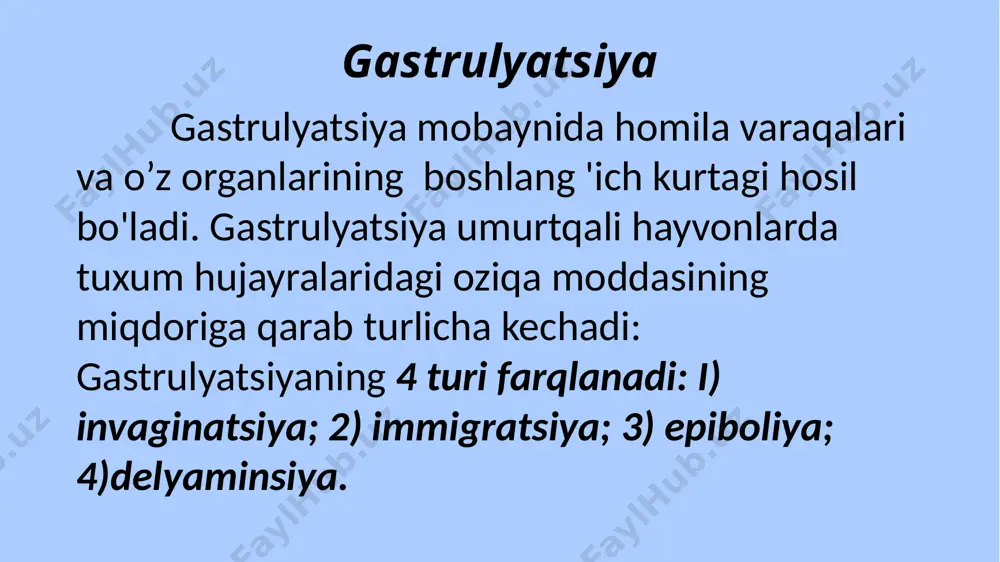 an mayda hujayraji materialning konsentratsiyalanishi natijasida birlamchi tasmani, uning oldingi uchi qalinlashib, birlamchi (genzen) tugunini hosil qiladi. mana shu tugundan old tomoniga xordal o'simta o'sib chiqadi. birlamchi tasma sohasida mayd,a hujayrali material zo'r berib bo'linishda davom etadi va ekto hamda entodermaning orasiga o'sib kiruvchi mezodermani beradi. shunday qilib, qushlarda invaginatsiya bo'imasligi sababli, blastopora hosil bo'lmaydi. uning analogi birlamchi tasma hisoblanadi, chunki u yerda birlamchi kurtak va o'q organlarining to'plamasi hosil bo'ladi. sutemizuvchilarda gastrulatsiya sutemizuvchilarda gastrulyatsiya - delyaminatsiya va immigratsiya tipida boradi. trofoblast tagida joylashgan embrional tuguncha birmuncha yoziladi va 2 varaqqa ajraladi. ektoderma ustida joylashgan trofoblast hujayralari erib ketadi. embrional tugunchaning markazida birlamchi tasmali pusht qalqonchasi (genzen tuguni) va xordali o'simta hosil bo'ladi. birlamchi tasma sohasida mayda hujayra materiali ichkariga o'sib kirib ekto va endoderma orasida taqsimlanadi va mezodermani hosil qiladi. endodermaning erkin qirg 'oqlari trofoblastning ichki yuzasini o'rab o'sa boshlaydi. shuning bilan bir vaqtda embrional tugundan hujayra elementlari migratsiyaga …